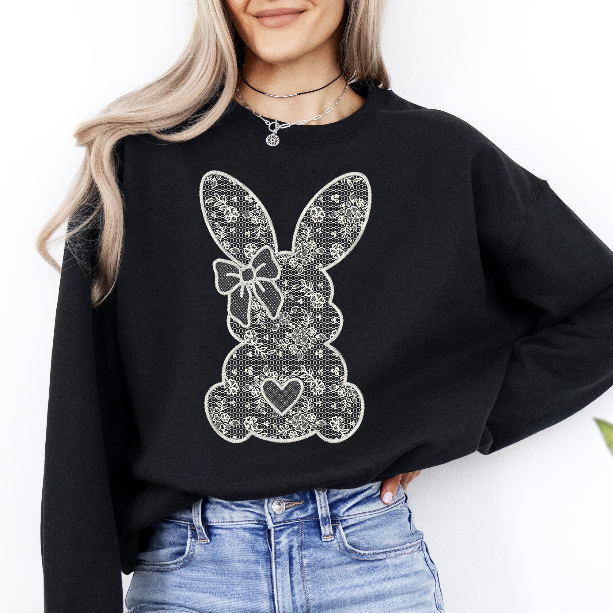 Faux Lace Bunny Coquette Easter Jesus Rabbit Holiday Celebration Edition Sweatshirt