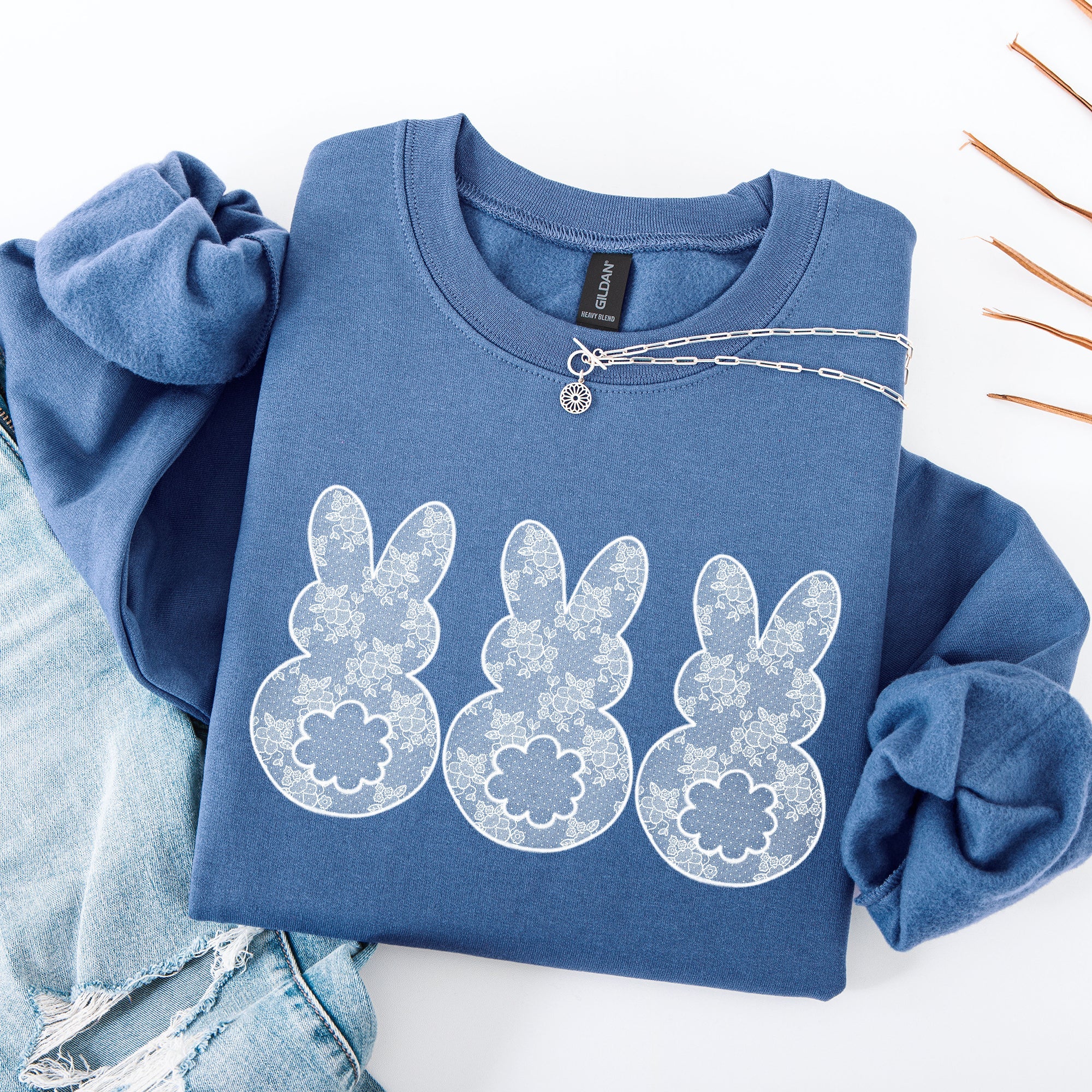 Faux Lace Bunny, Coquette, In A Row, Easter, Bunny, Jesus, Rabbit Seasonal Sweatshirt