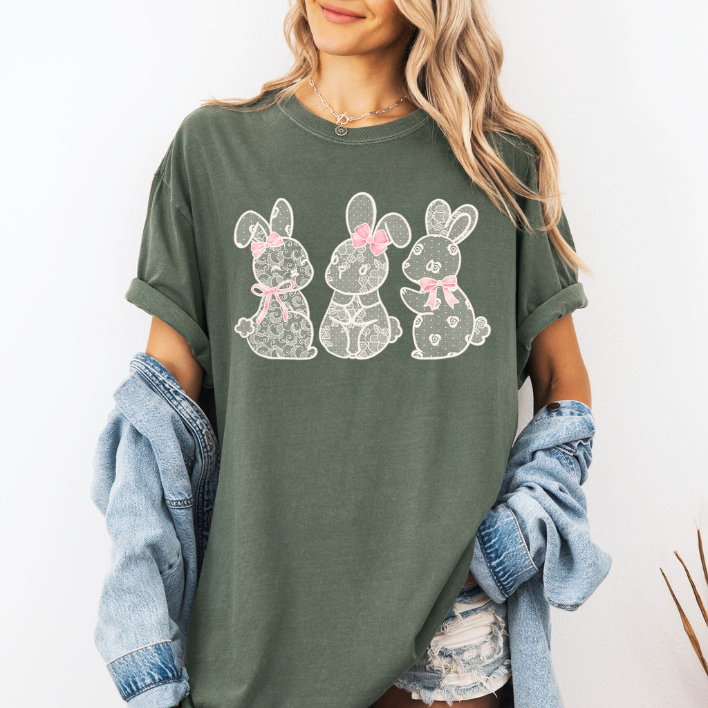 Faux Lace Bunny Coquette Ribbons In A Row Easter Bunny Jesus Rabbit Holiday Comfort Colors Tee