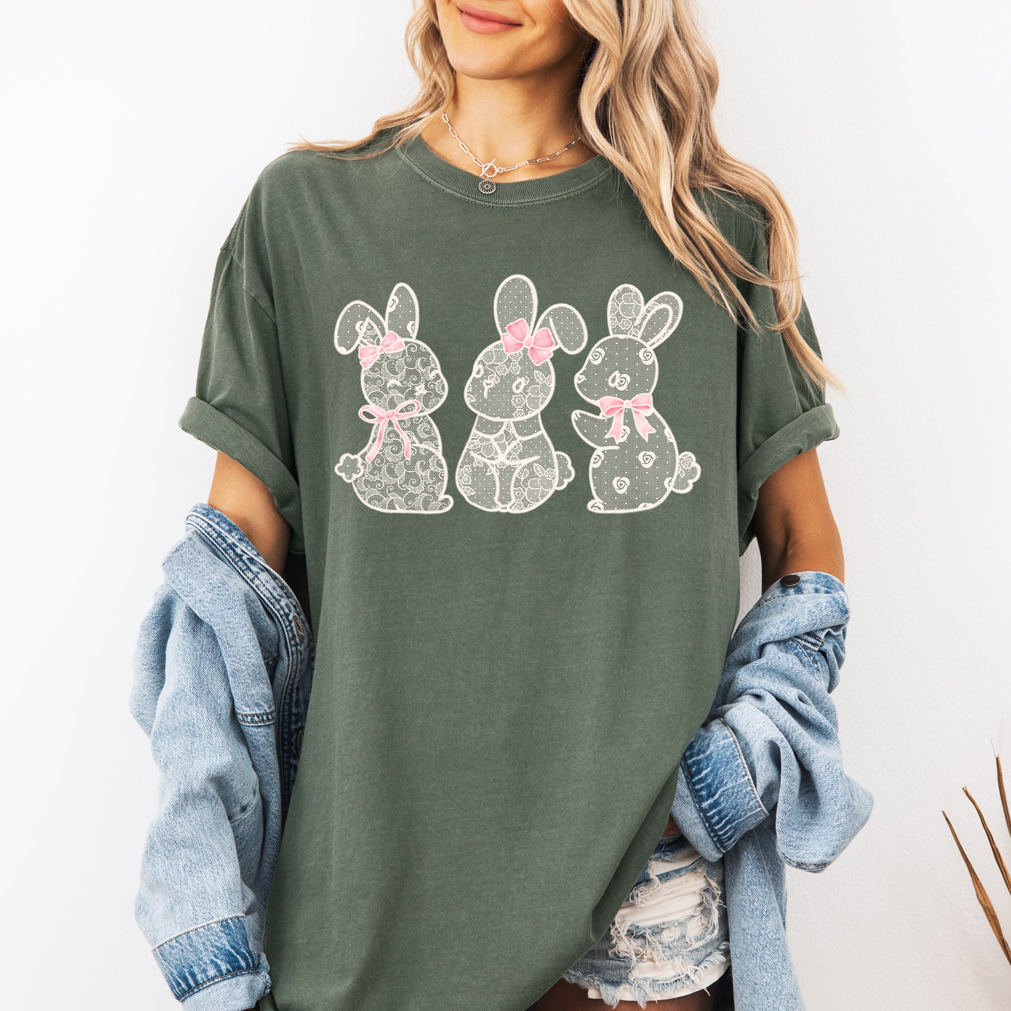 Faux Lace Bunny Coquette Ribbons In A Row Easter Bunny Jesus Rabbit Holiday Comfort Colors Tee