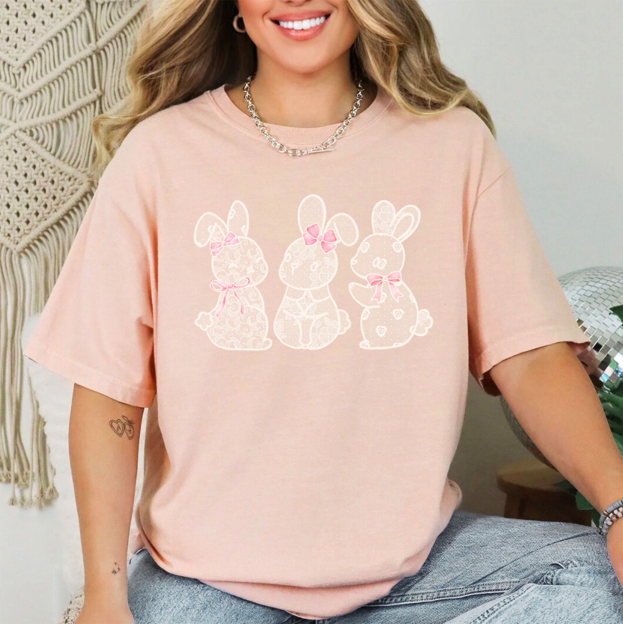 Faux Lace Bunny Coquette Ribbons In A Row Easter Bunny Jesus Rabbit Holiday Comfort Colors Tee