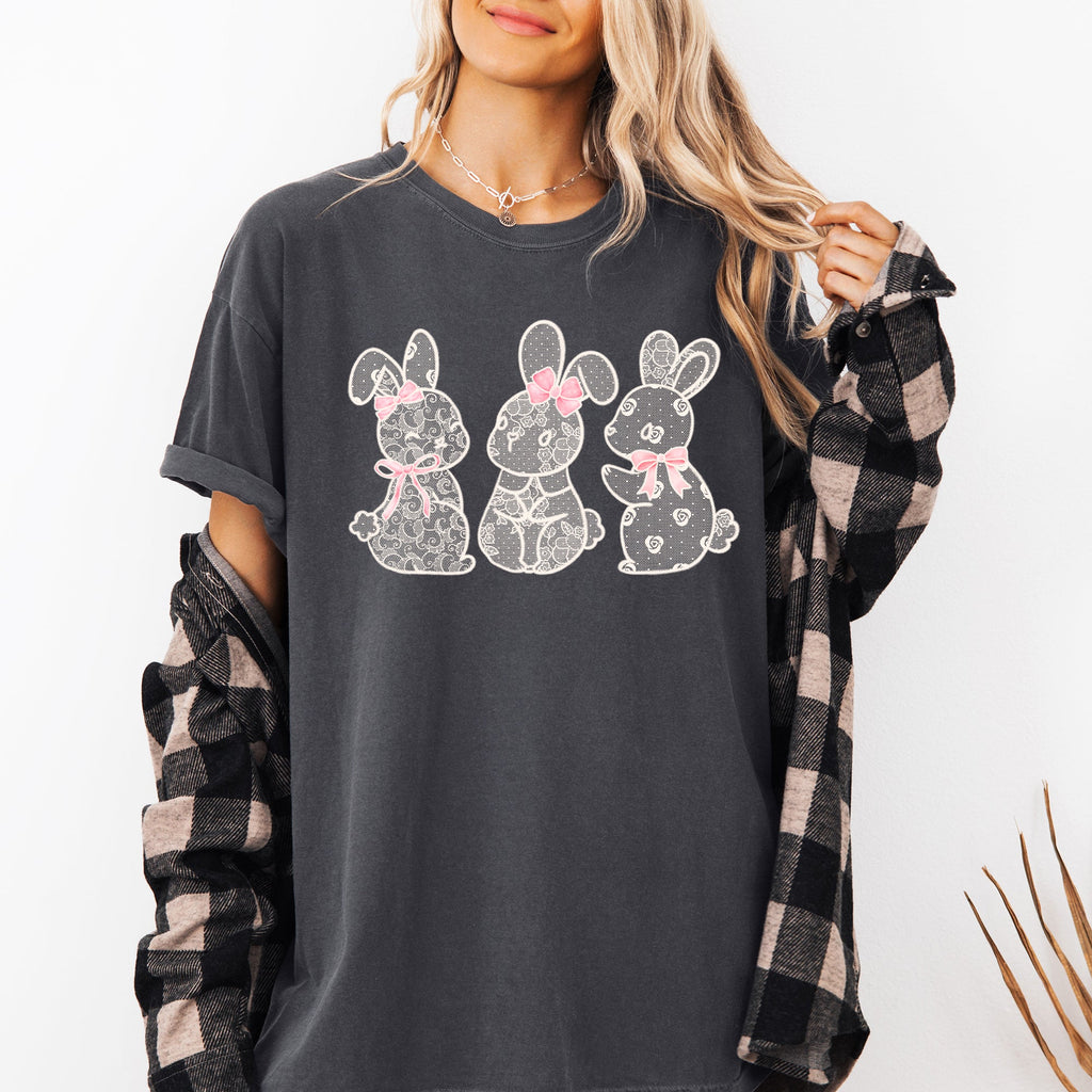 Faux Lace Bunny Coquette Ribbons In A Row Easter Bunny Jesus Rabbit Holiday Comfort Colors Tee