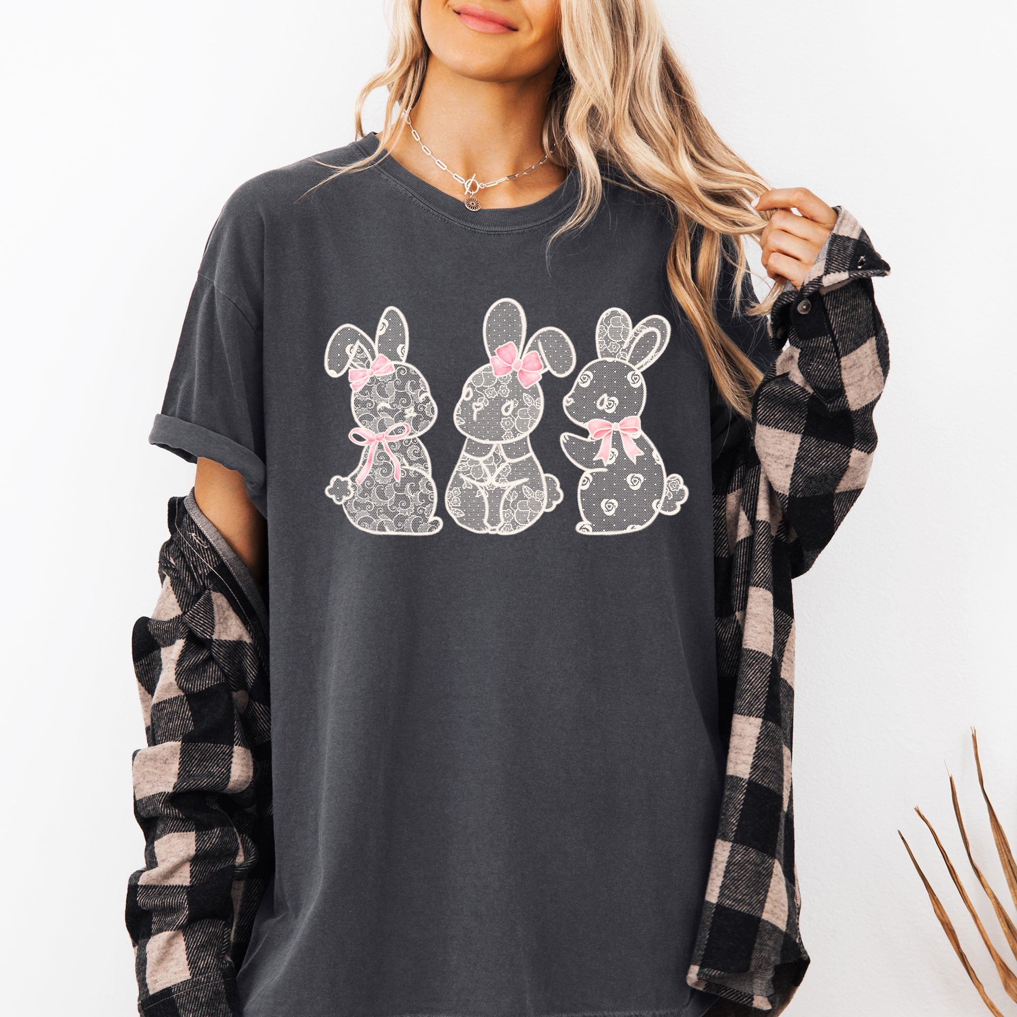 Faux Lace Bunny Coquette Ribbons In A Row Easter Bunny Jesus Rabbit Holiday Comfort Colors Tee