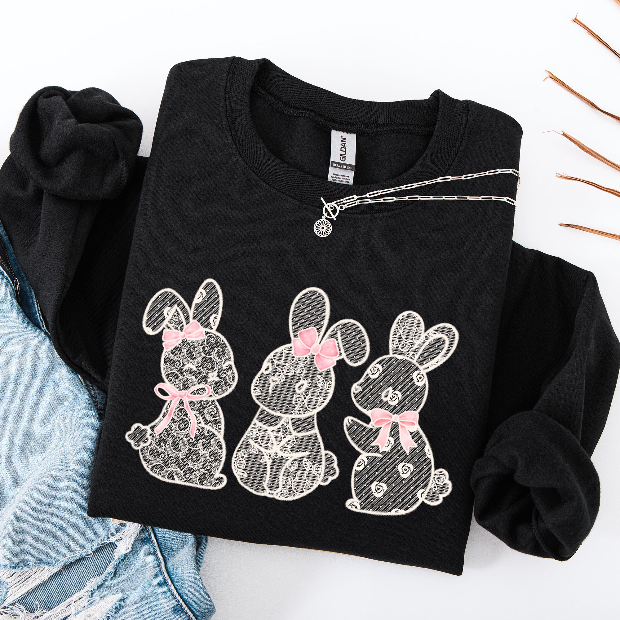 Faux Lace Bunny Coquette Ribbons In A Row Easter Holiday Bunny Jesus Rabbit Sweatshirt
