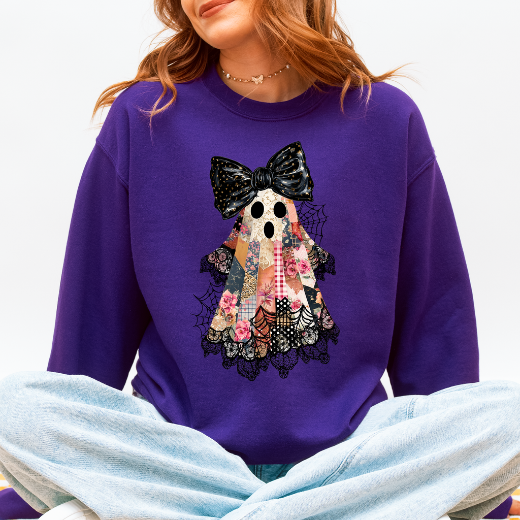 Faux Patchwork Lace Ghost With Glitter Accents And Vintage Halloween Coquette Ghost Sweatshirt