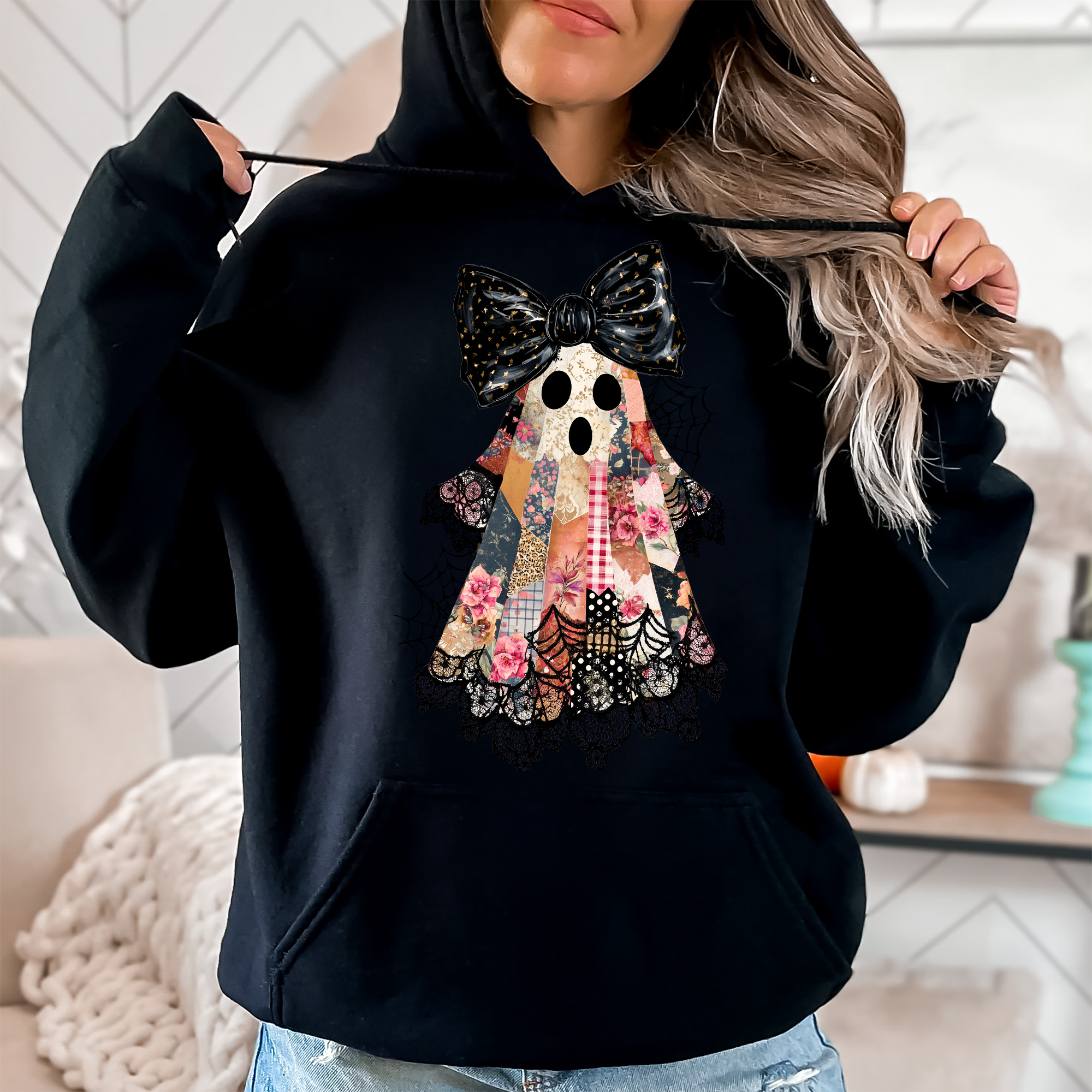 Faux Patchwork Lace Ghost Coquette Ghost Haunted Lace Motif With Vintage Gothic Flair Hoodie