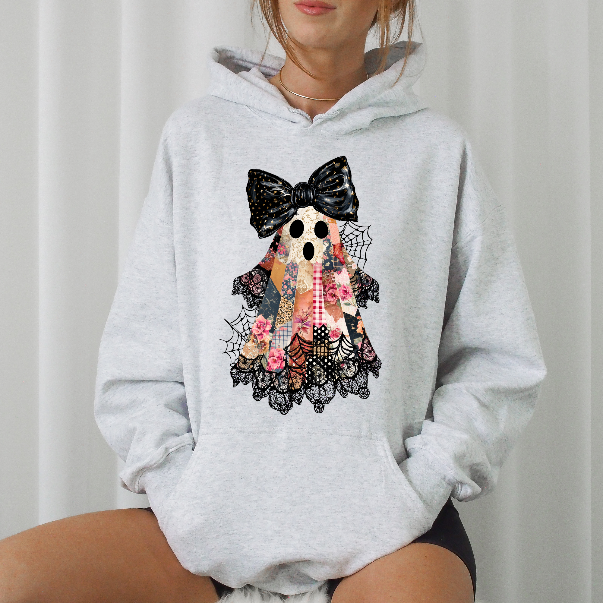 Faux Patchwork Lace Ghost Coquette Ghost Haunted Lace Motif With Vintage Gothic Flair Hoodie