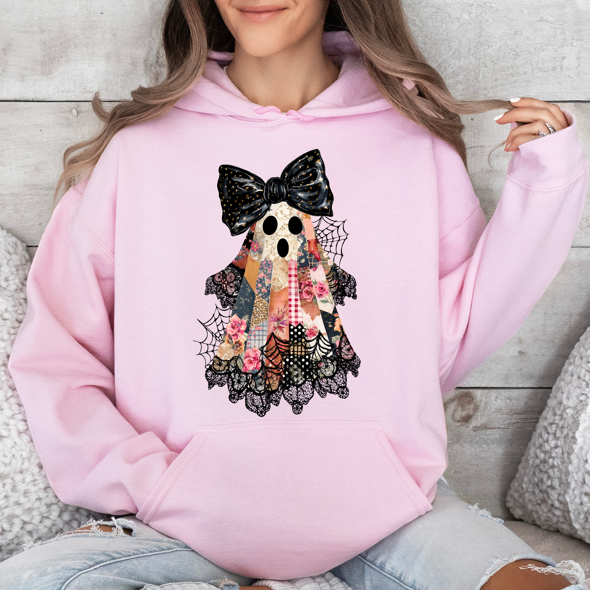 Faux Patchwork Lace Ghost Coquette Ghost Haunted Lace Motif With Vintage Gothic Flair Hoodie