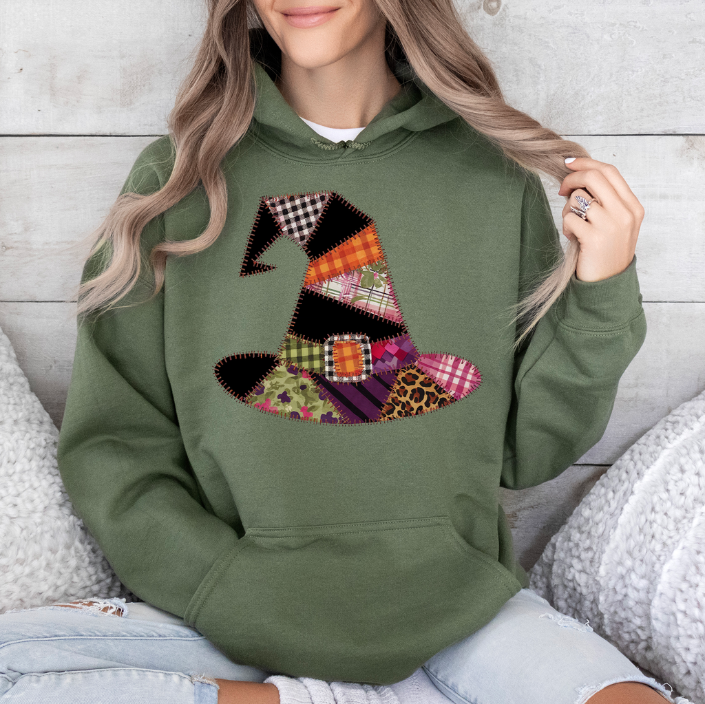 Faux Patchwork Witch Hat Vintage Inspired Spooky Season Witchy Vibes Graphic Hoodie