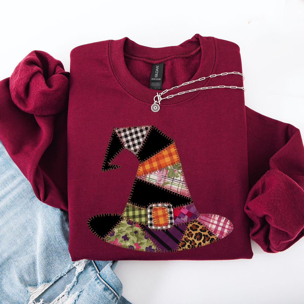 Faux Patchwork Witch Hat Patchwork Halloween Artful Spooky Season Witchy Vibes Sweatshirt