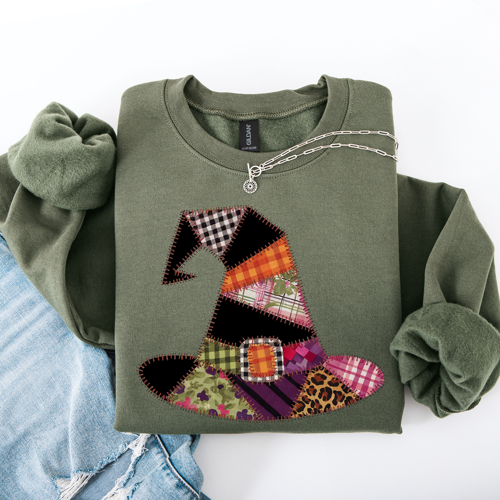 Faux Patchwork Witch Hat Patchwork Halloween Artful Spooky Season Witchy Vibes Sweatshirt