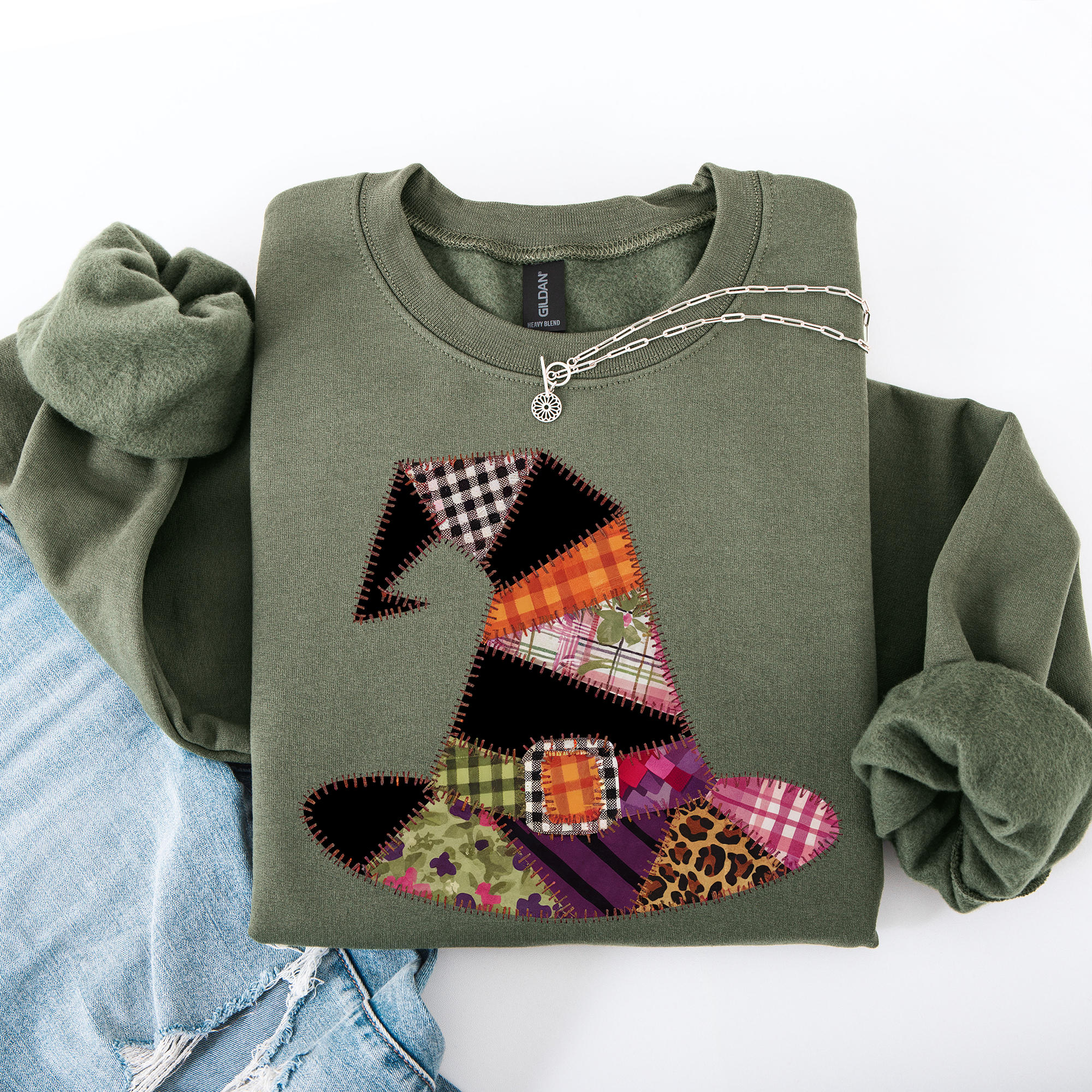 Faux Patchwork Witch Hat Patchwork Halloween Artful Spooky Season Witchy Vibes Sweatshirt