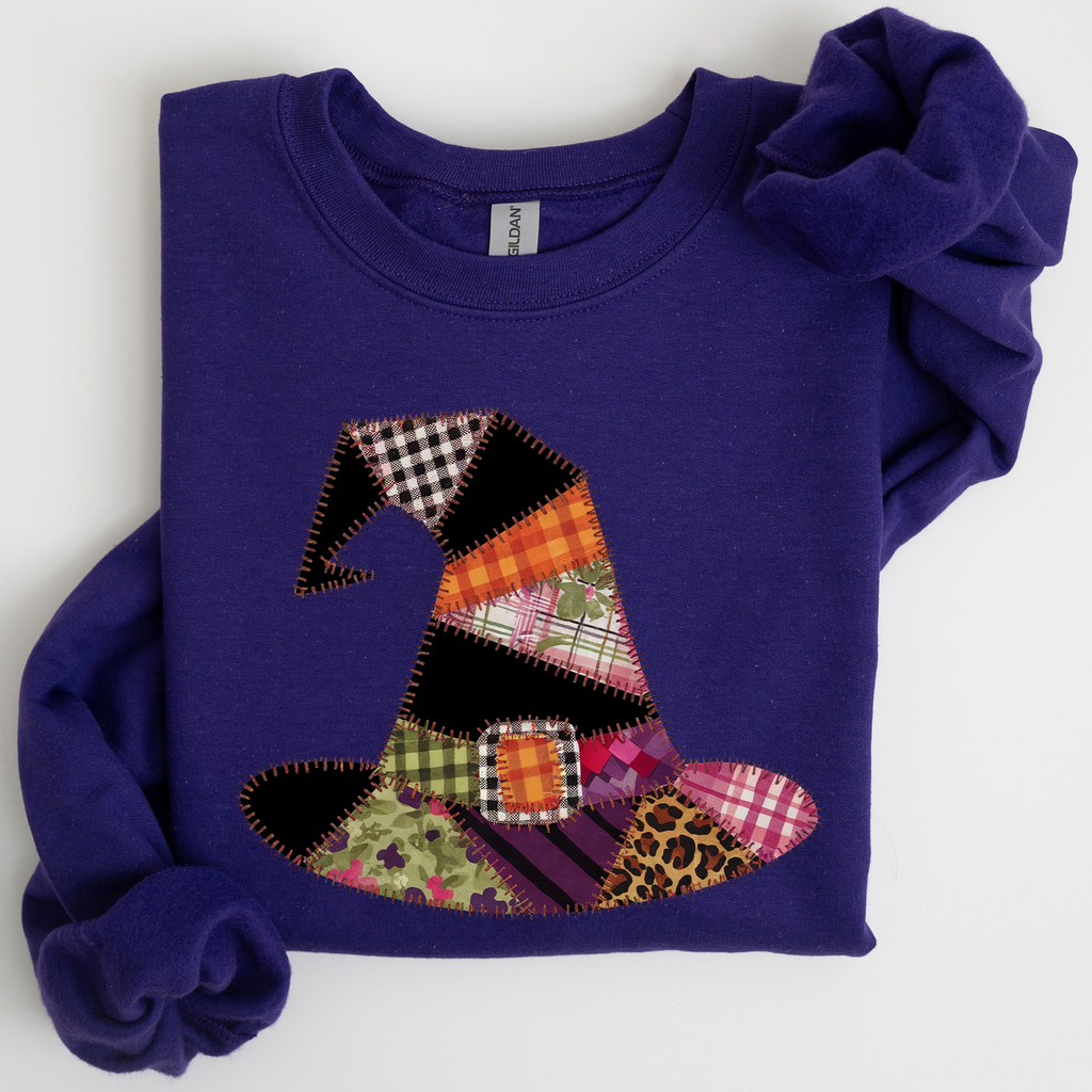 Faux Patchwork Witch Hat Patchwork Halloween Artful Spooky Season Witchy Vibes Sweatshirt