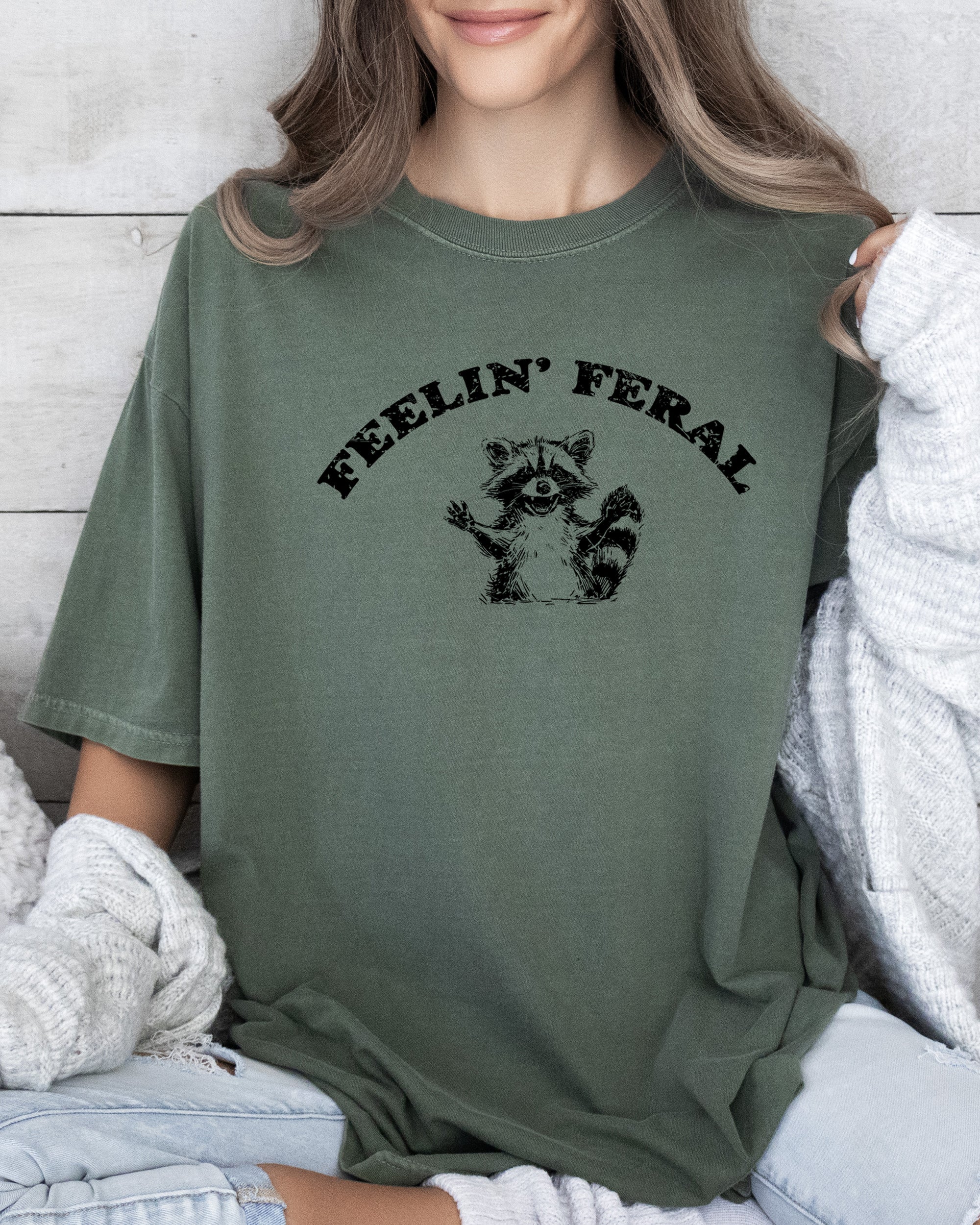 Feelin Feral Raccoon Aesthetic Trendy Humorous Playful Illustrative Comfort Colors Tee