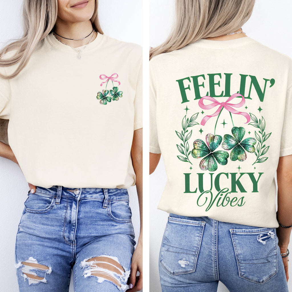 Feelin Lucky Vibes Coquette St Patrick's Day Shamrock Clover Leprechaun Comfort Colors Tee