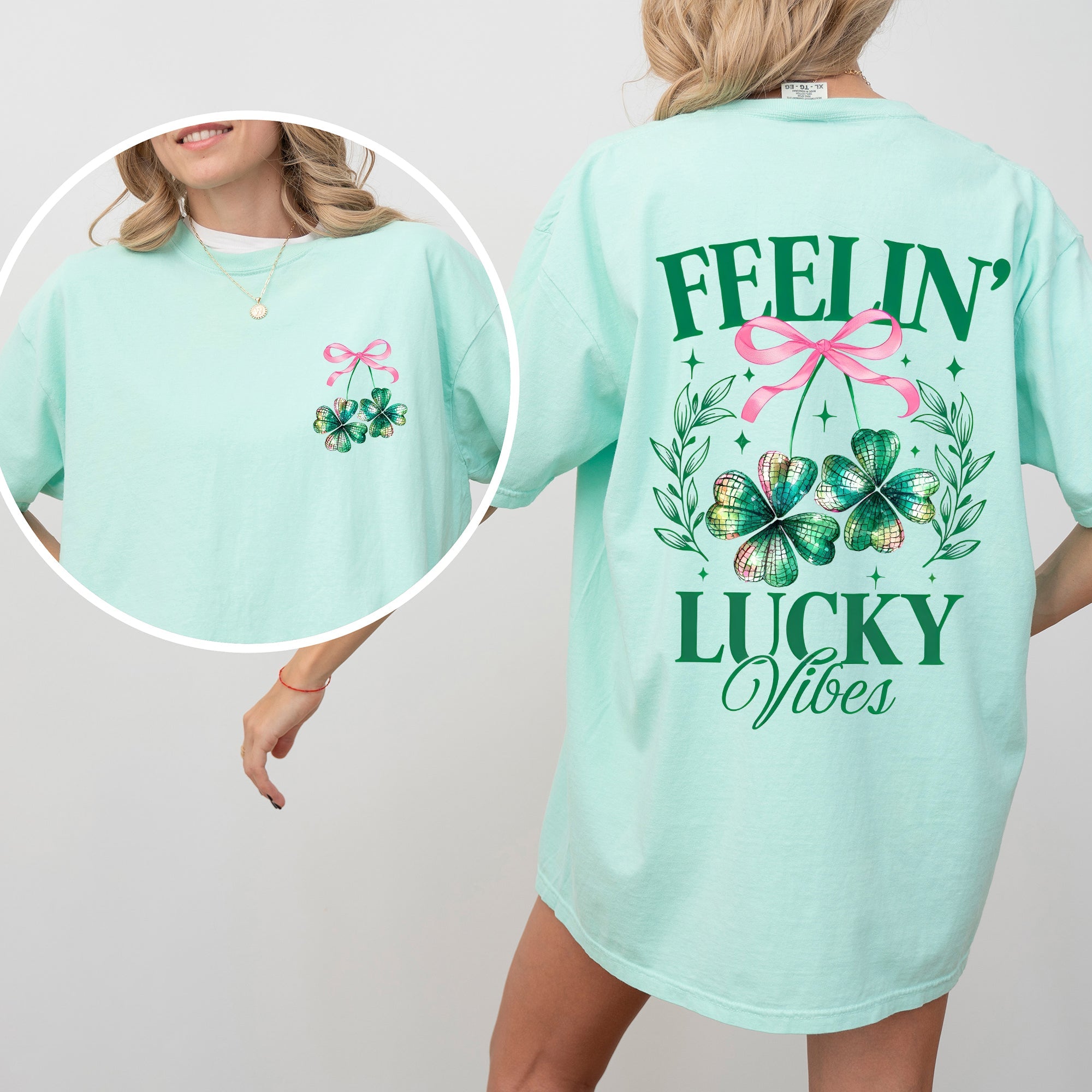 Feelin Lucky Vibes Coquette St Patrick's Day Shamrock Clover Leprechaun Comfort Colors Tee