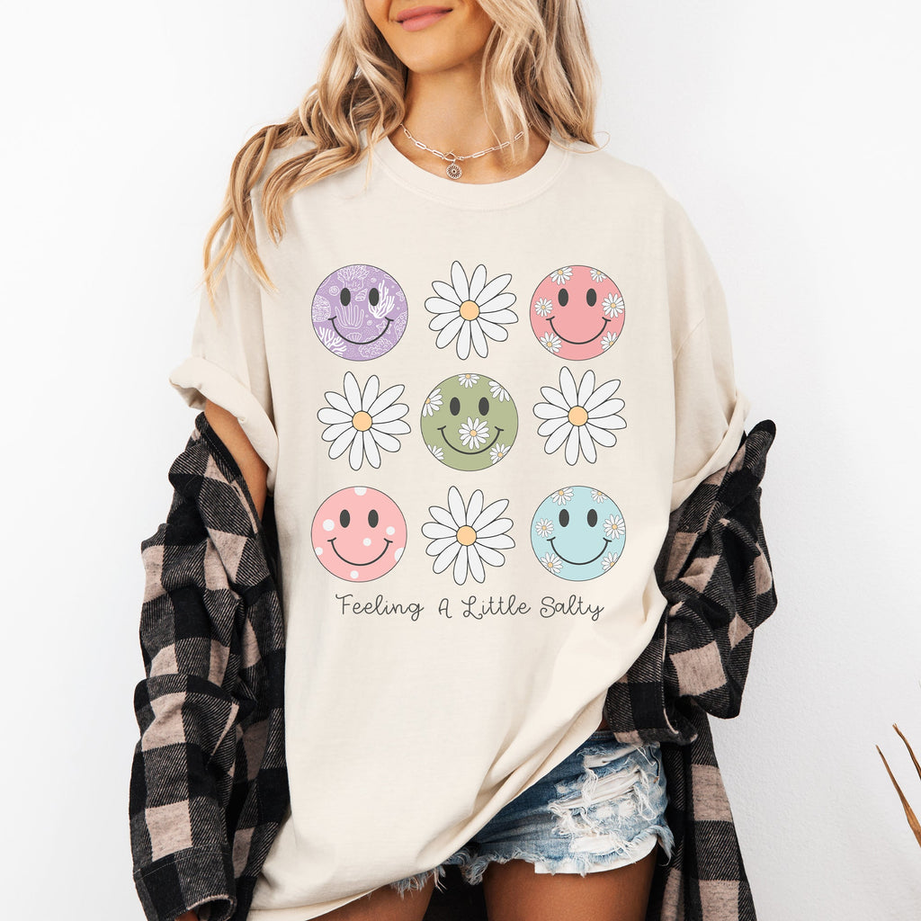 Feeling A Little Salty, Flowers, Retro Smiley Floral Emblem Collection Comfort Colors Tee