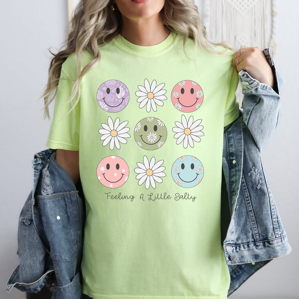 Feeling A Little Salty, Flowers, Retro Smiley Floral Emblem Collection Comfort Colors Tee