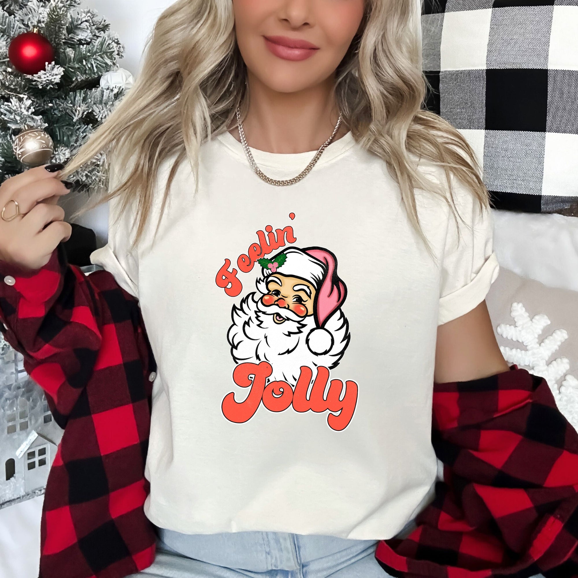 Feeling Jolly, Retro Santa Christmas Nostalgia Vintage Holiday Cheer Graphic Tee