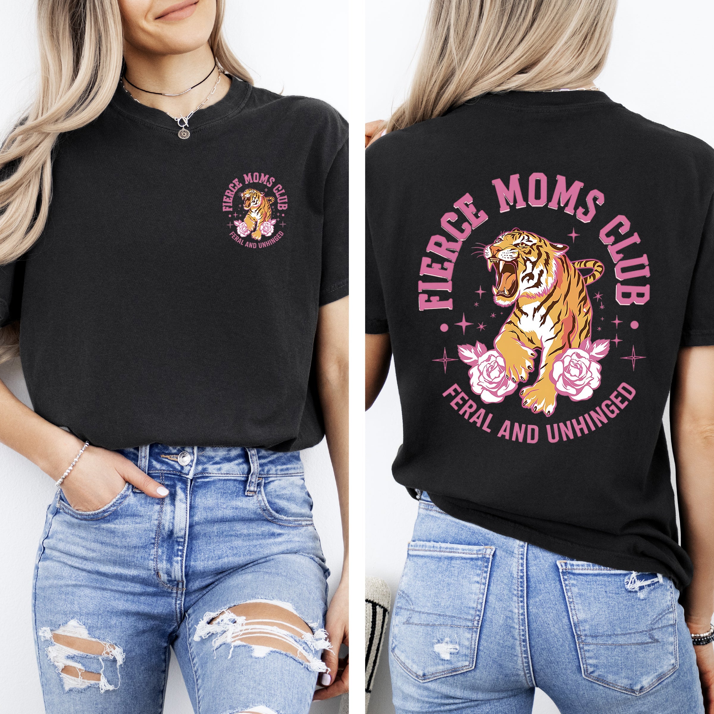 Feral Moms Club Tiger Front And Back Print Mother's Day Limited Edition Comfort Colors Tee