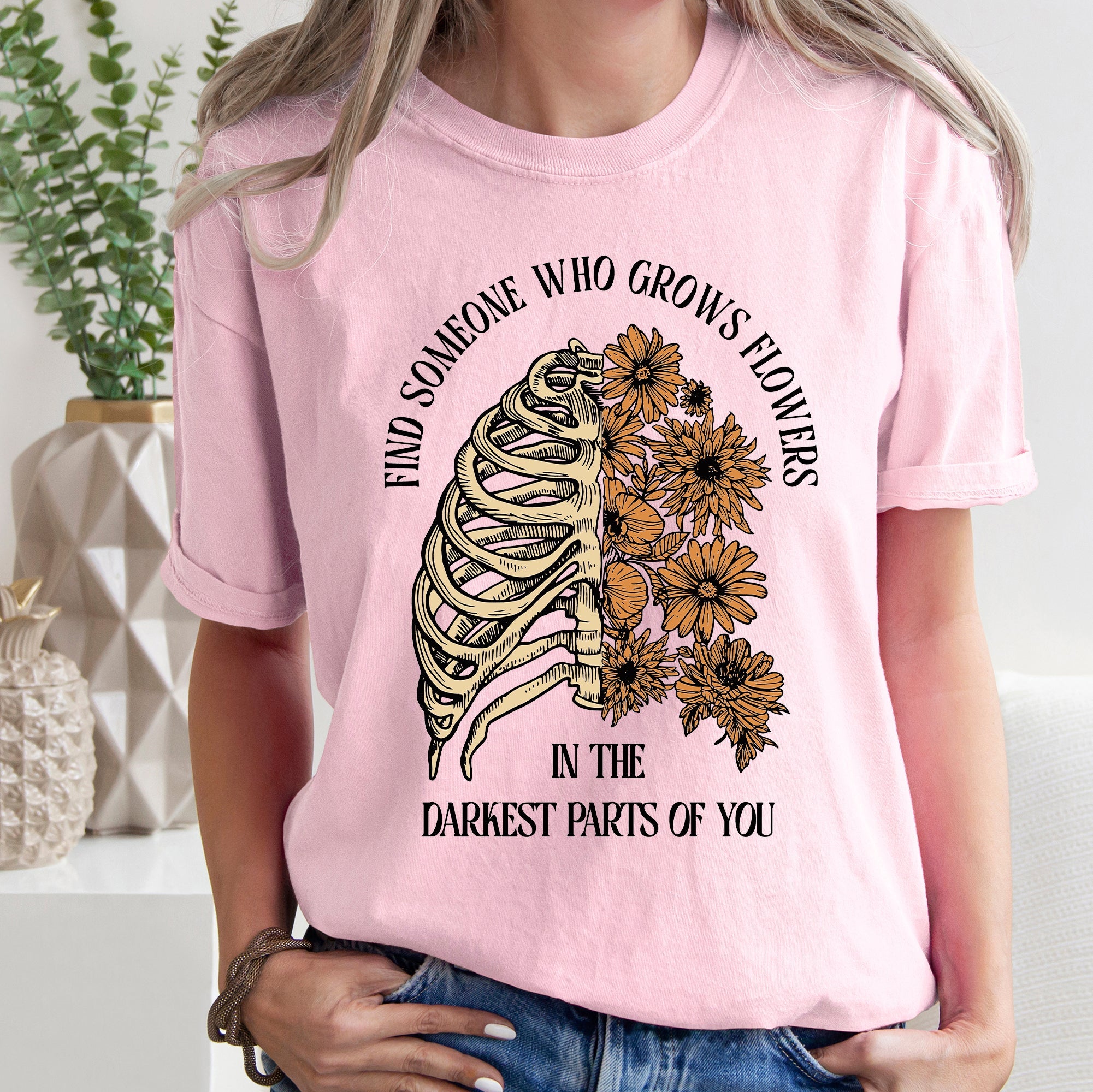 Find Someone Who Grows Flowers Skeleton Cowgirl Graphic Illustration Comfort Colors Tee