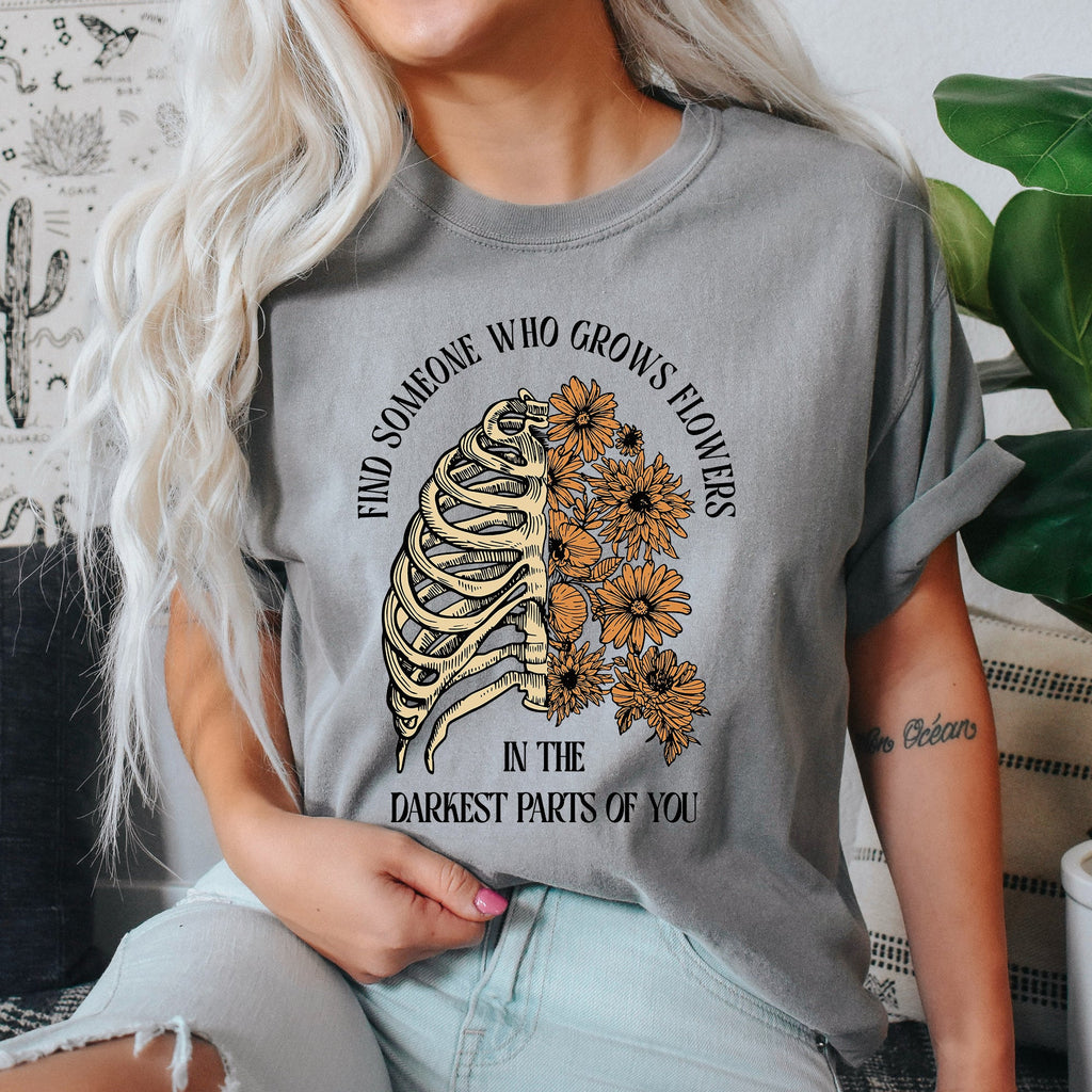 Find Someone Who Grows Flowers Skeleton Cowgirl Graphic Illustration Comfort Colors Tee