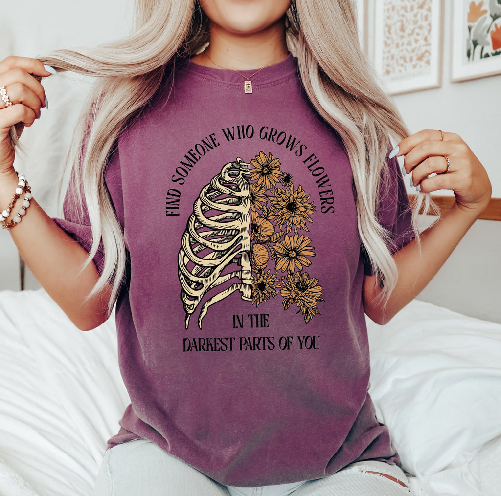 Find Someone Who Grows Flowers Skeleton Cowgirl Graphic Illustration Comfort Colors Tee