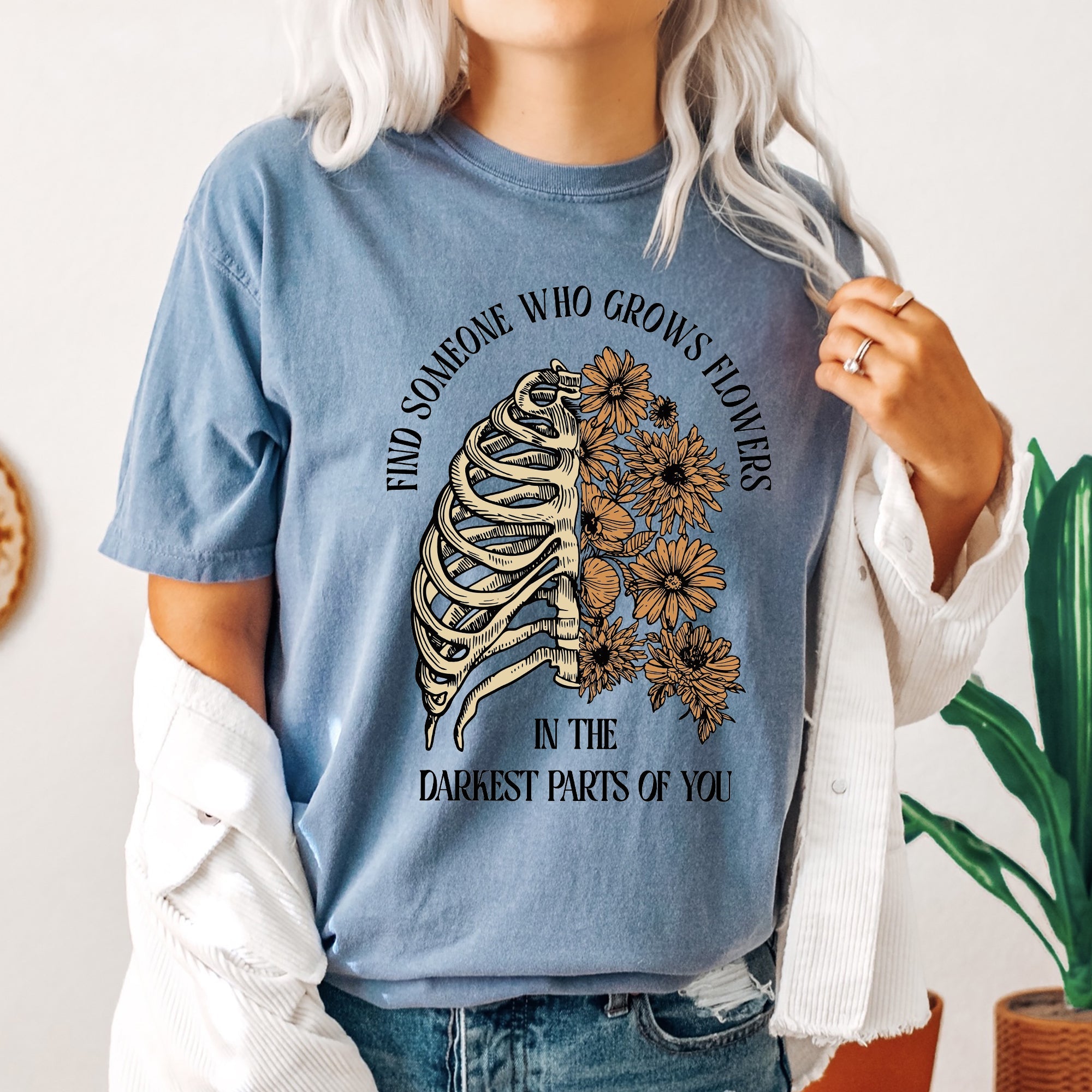 Find Someone Who Grows Flowers Skeleton Cowgirl Graphic Illustration Comfort Colors Tee