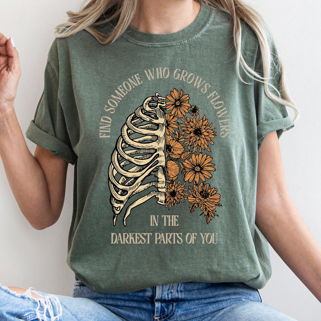 Find Someone Who Grows Flowers Skeleton Cowgirl Graphic Illustration Comfort Colors Tee