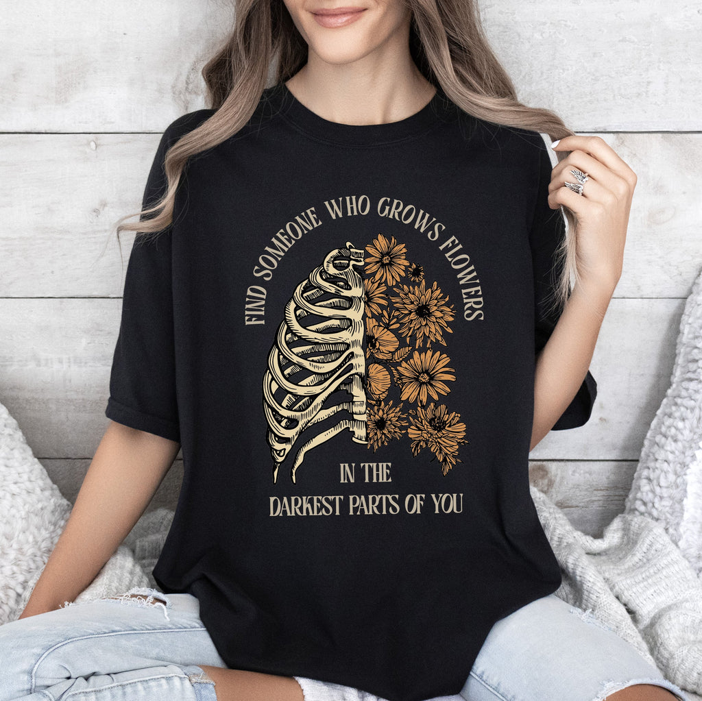 Find Someone Who Grows Flowers Skeleton Cowgirl Graphic Illustration Comfort Colors Tee