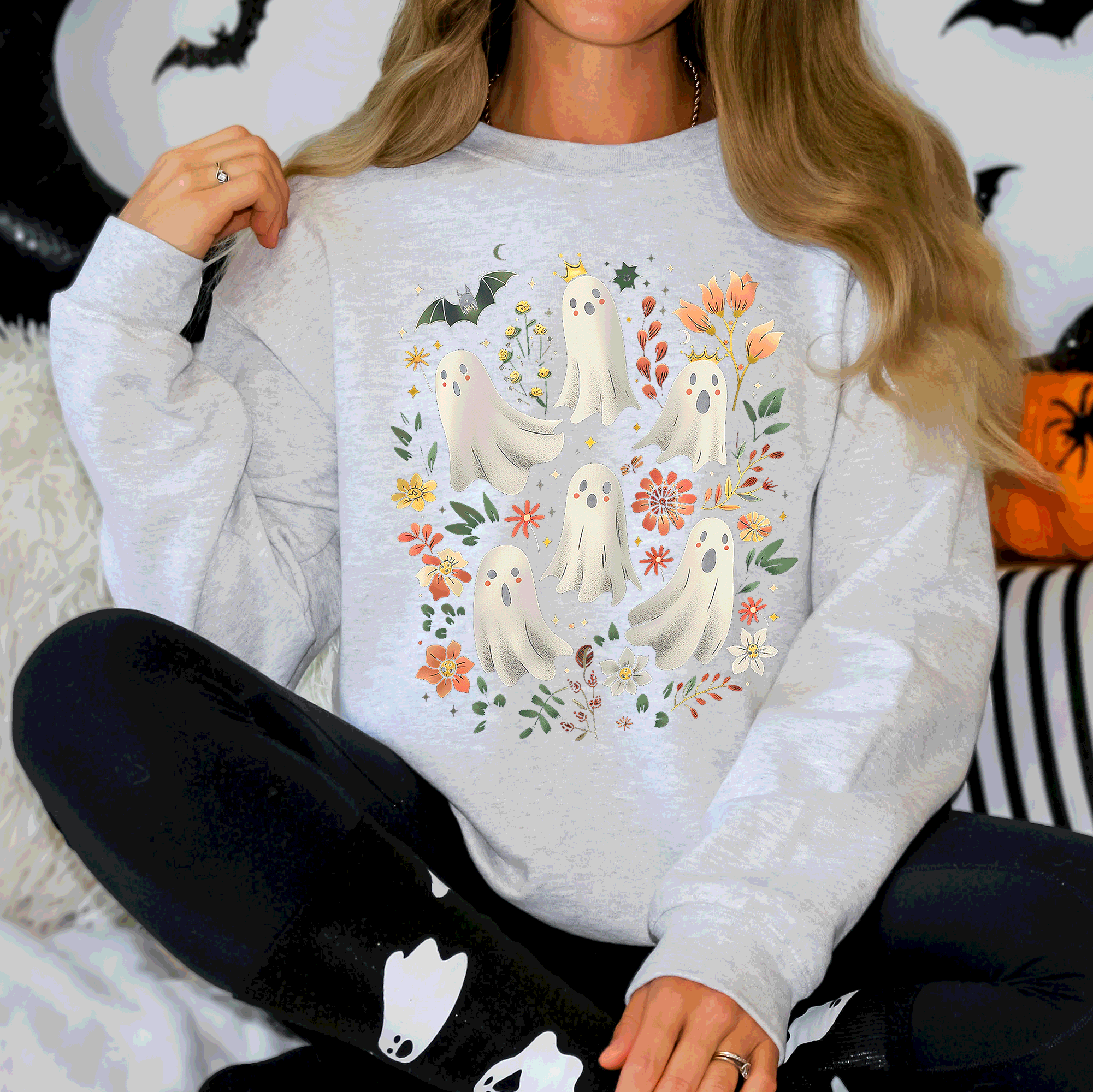 Floral Ghosts Beautiful Halloween Coquette Girly Autumn Fall Gothic Charm Sweatshirt