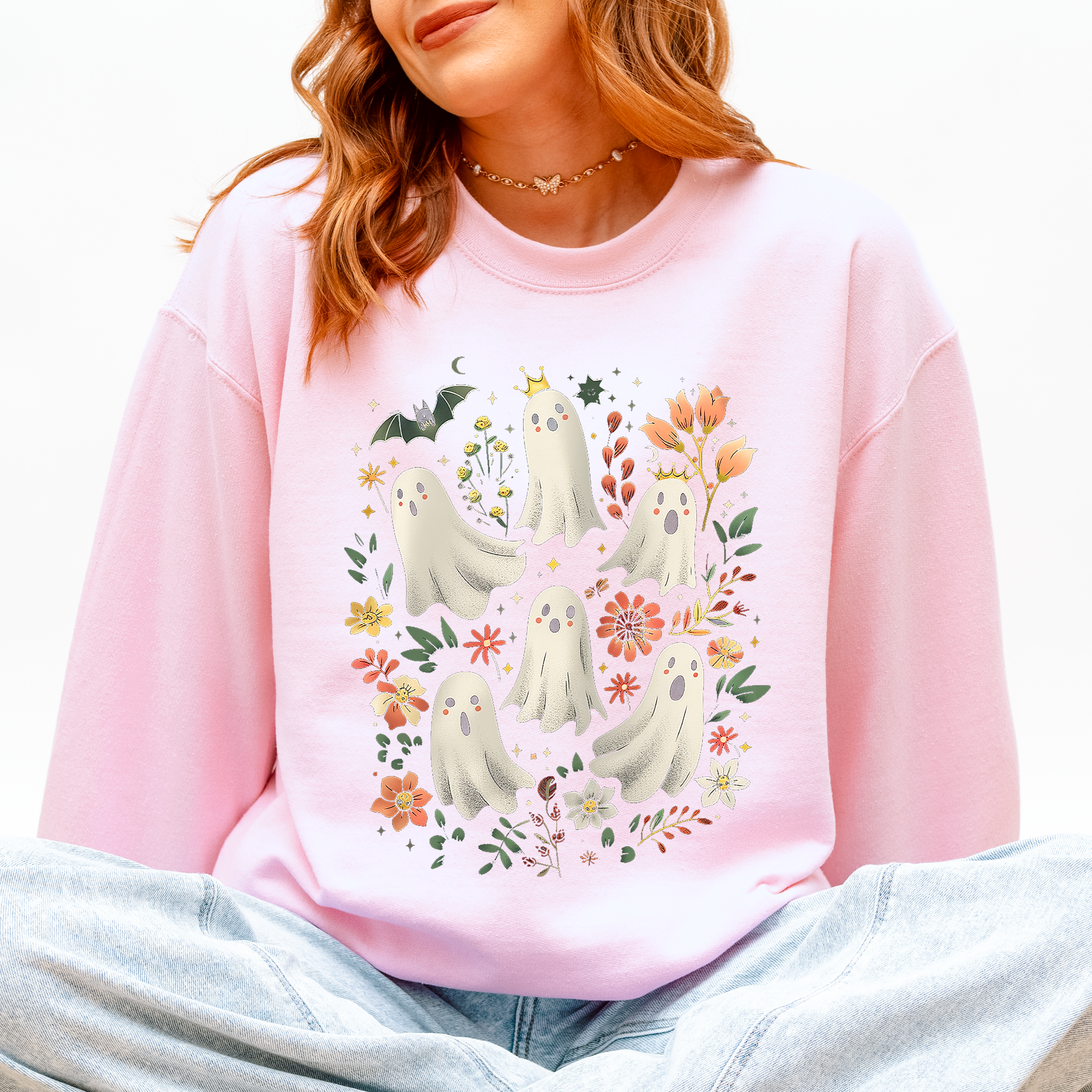 Floral Ghosts Beautiful Halloween Coquette Girly Autumn Fall Gothic Charm Sweatshirt