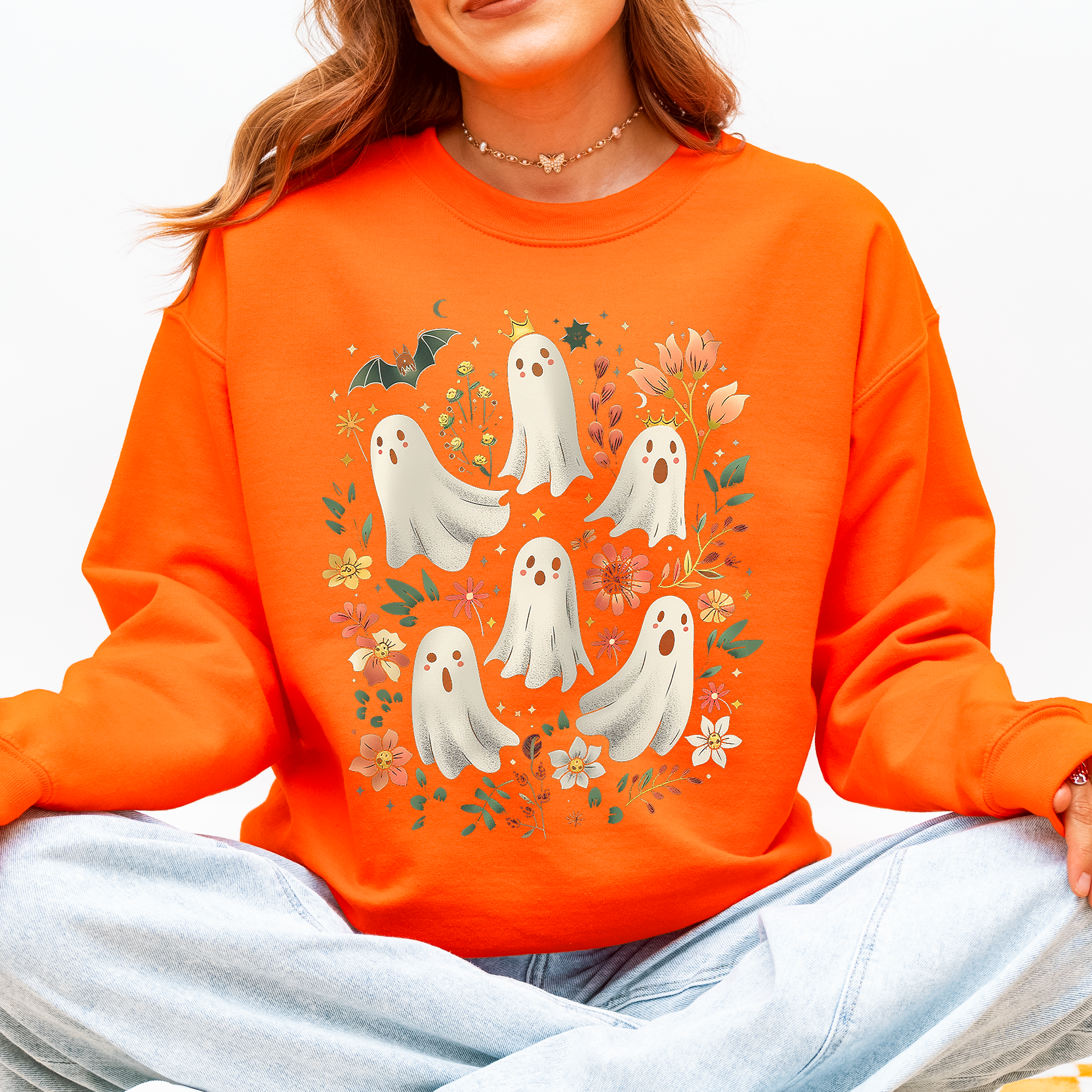 Floral Ghosts Beautiful Halloween Coquette Girly Autumn Fall Gothic Charm Sweatshirt