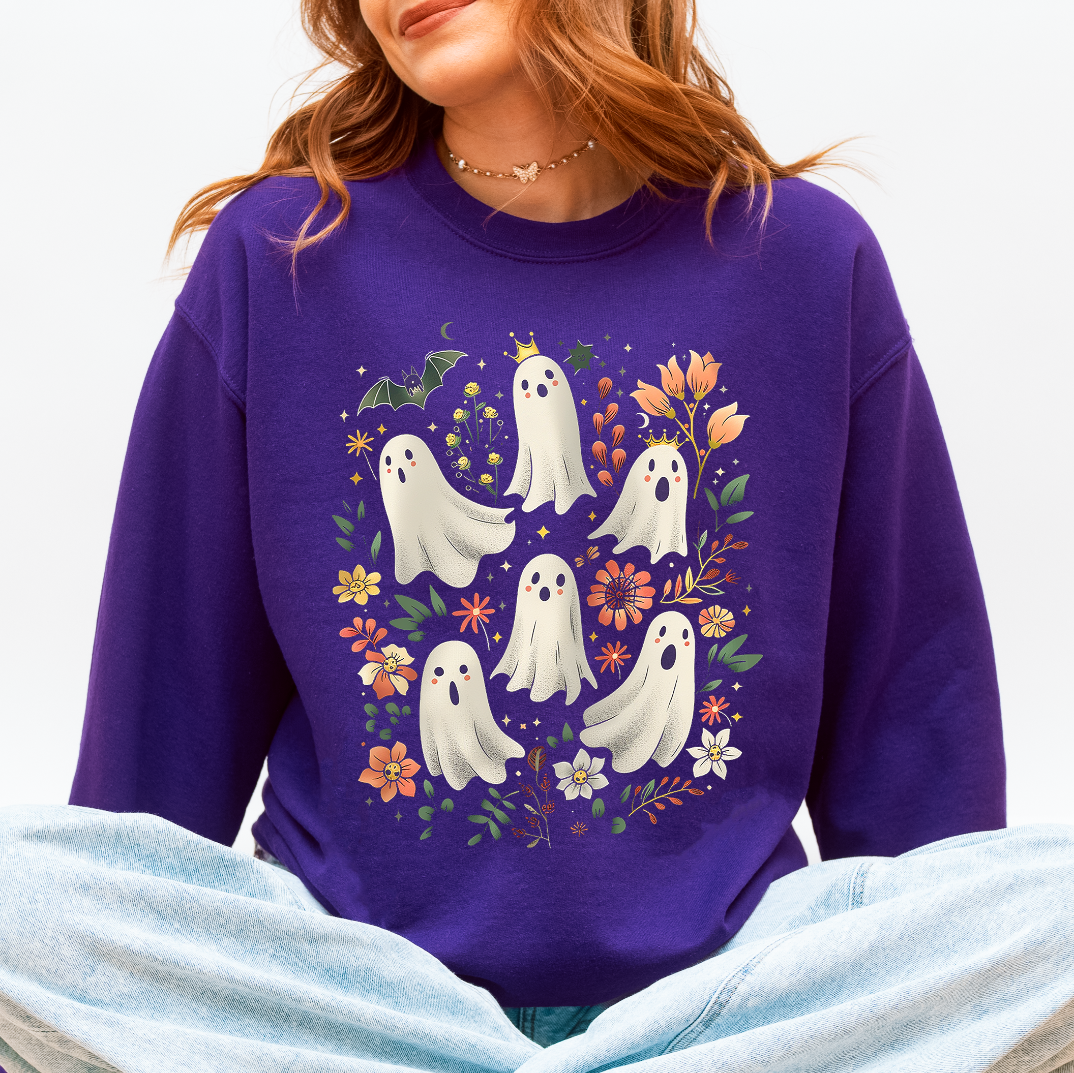 Floral Ghosts Beautiful Halloween Coquette Girly Autumn Fall Gothic Charm Sweatshirt