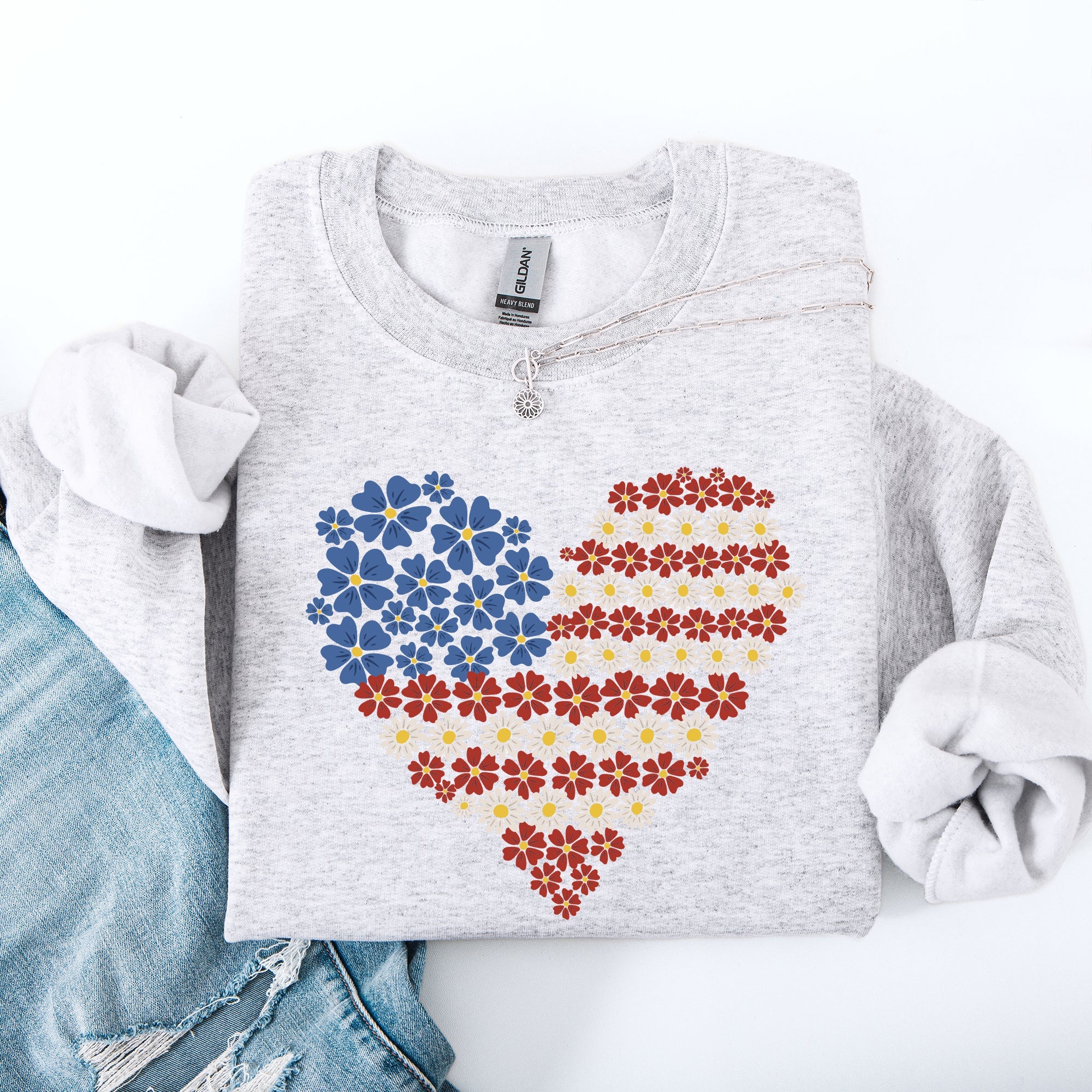 Floral Heart Patriotic Americana Emblem With Red White Blue Accents And Stars Sweatshirt