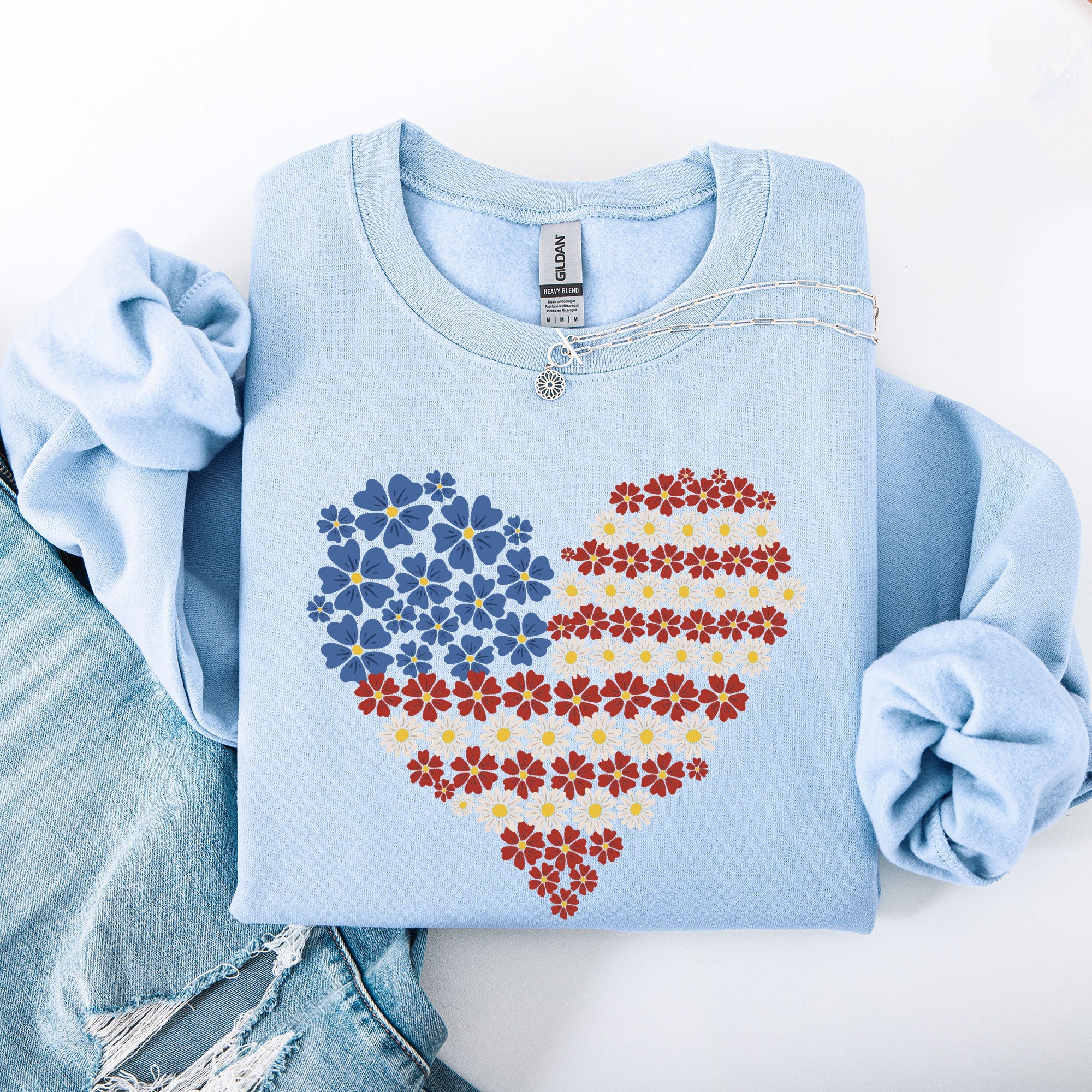 Floral Heart Patriotic Americana Emblem With Red White Blue Accents And Stars Sweatshirt