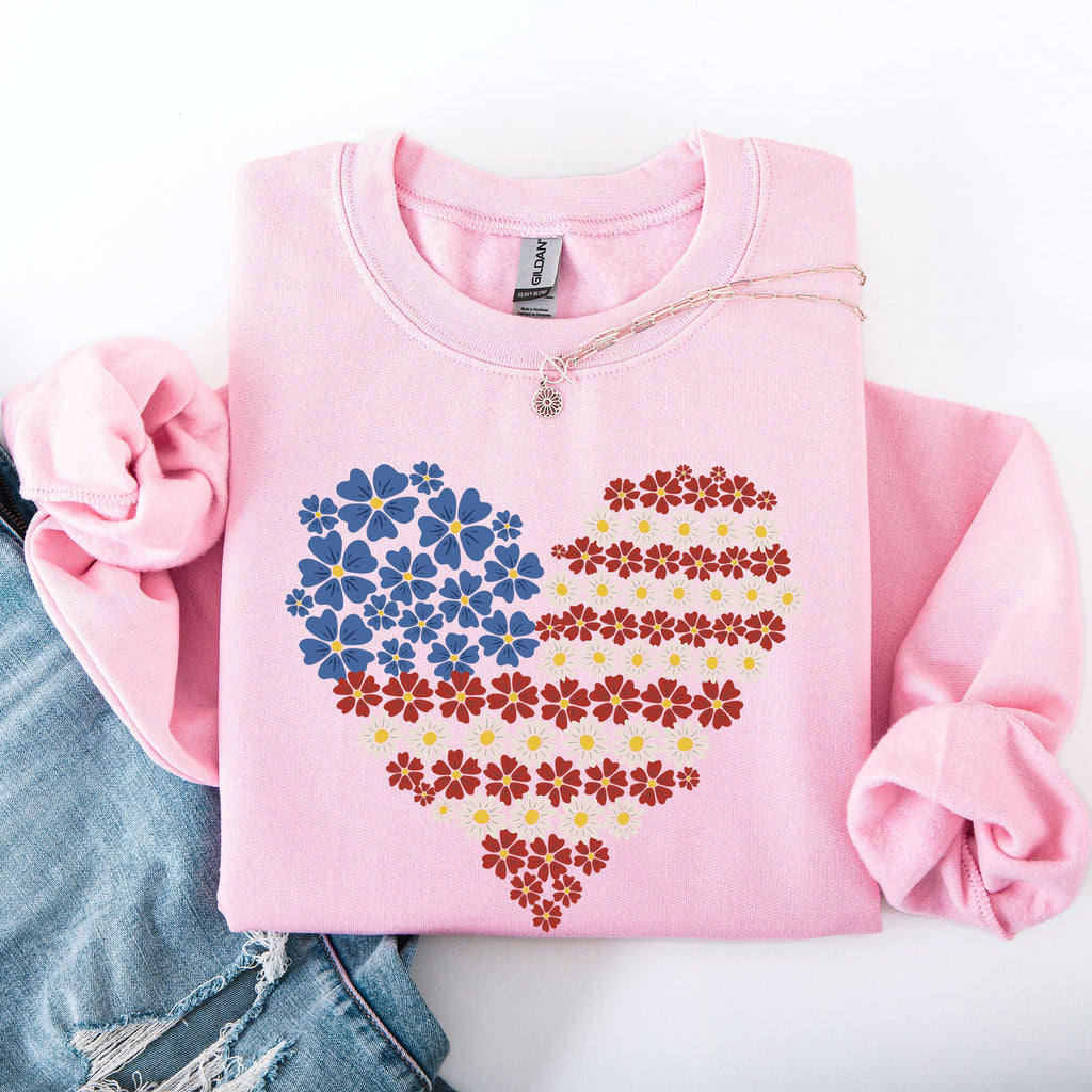 Floral Heart Patriotic Americana Emblem With Red White Blue Accents And Stars Sweatshirt