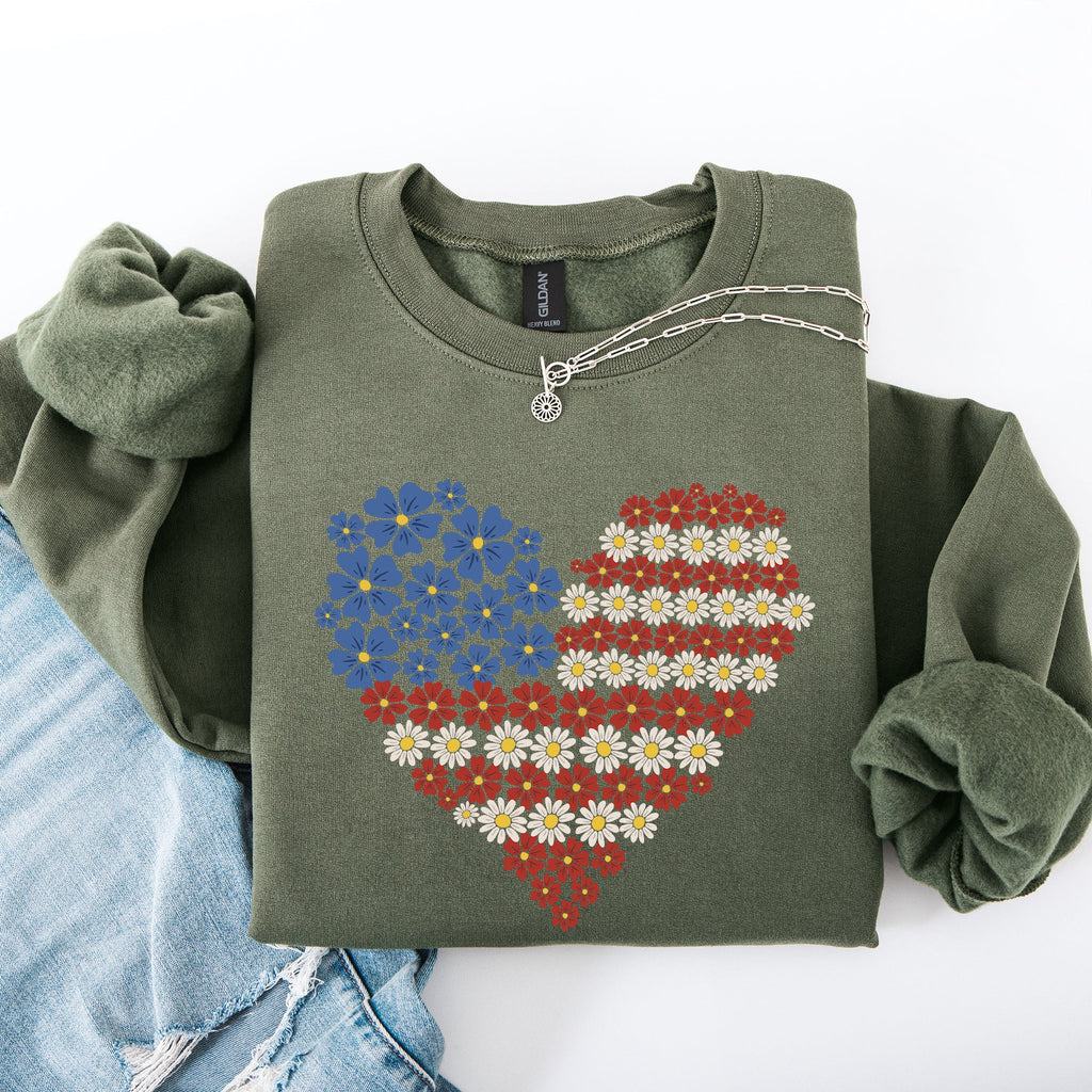 Floral Heart Patriotic Americana Emblem With Red White Blue Accents And Stars Sweatshirt