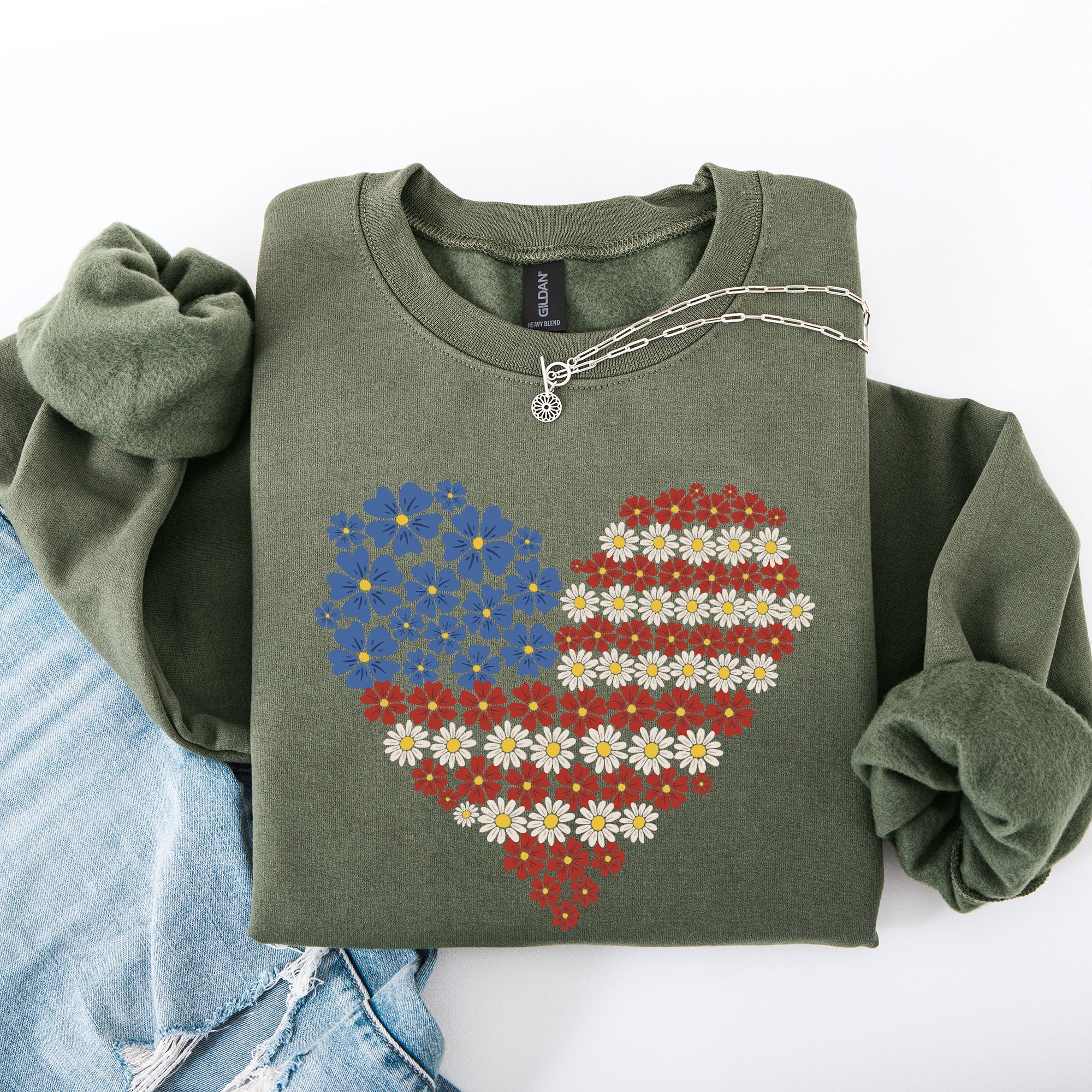 Floral Heart Patriotic Americana Emblem With Red White Blue Accents And Stars Sweatshirt