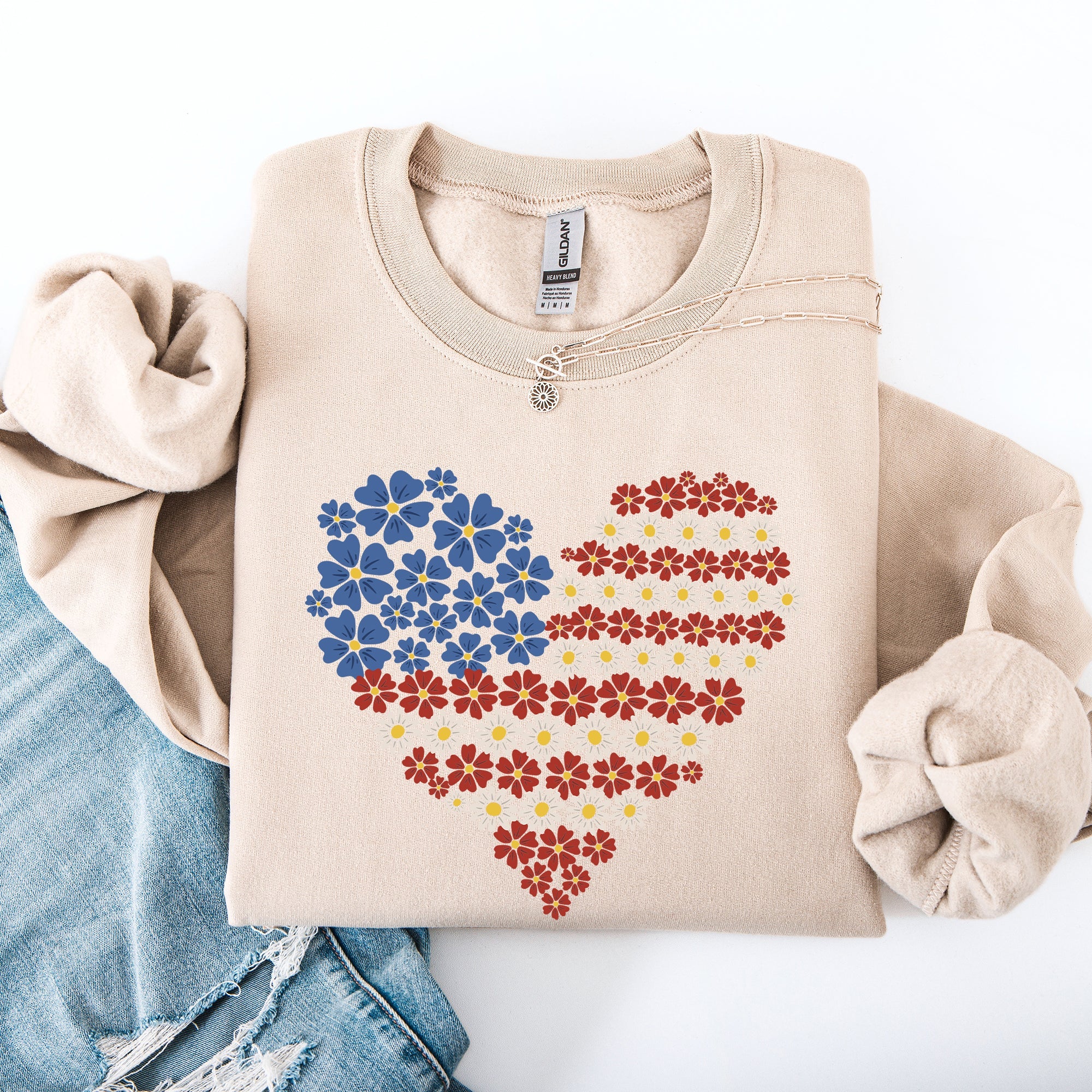 Floral Heart Patriotic Americana Emblem With Red White Blue Accents And Stars Sweatshirt