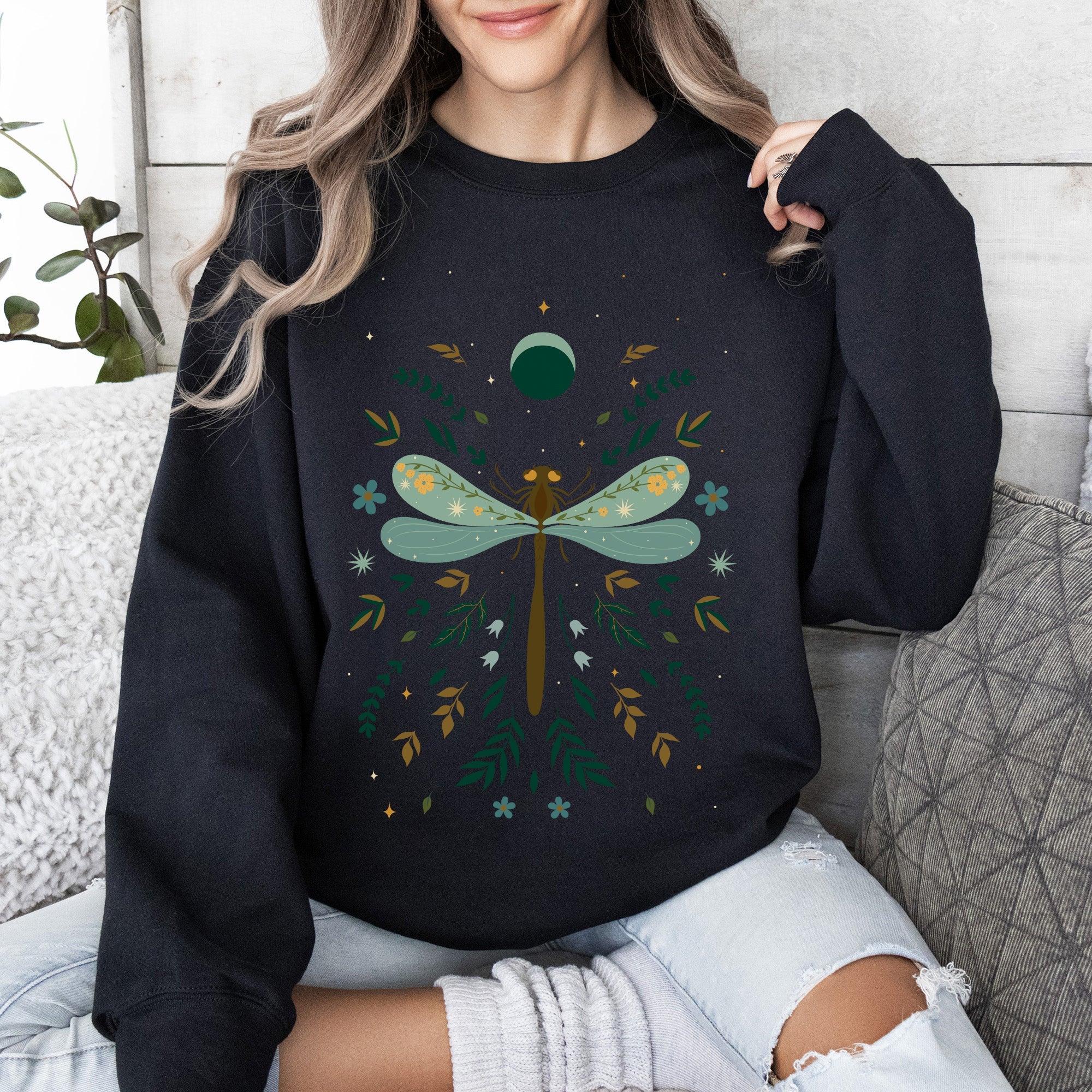 Floral Night Sky, Dragonfly, Moon, And Blooms Celestial Garden Limited Edition Sweatshirt