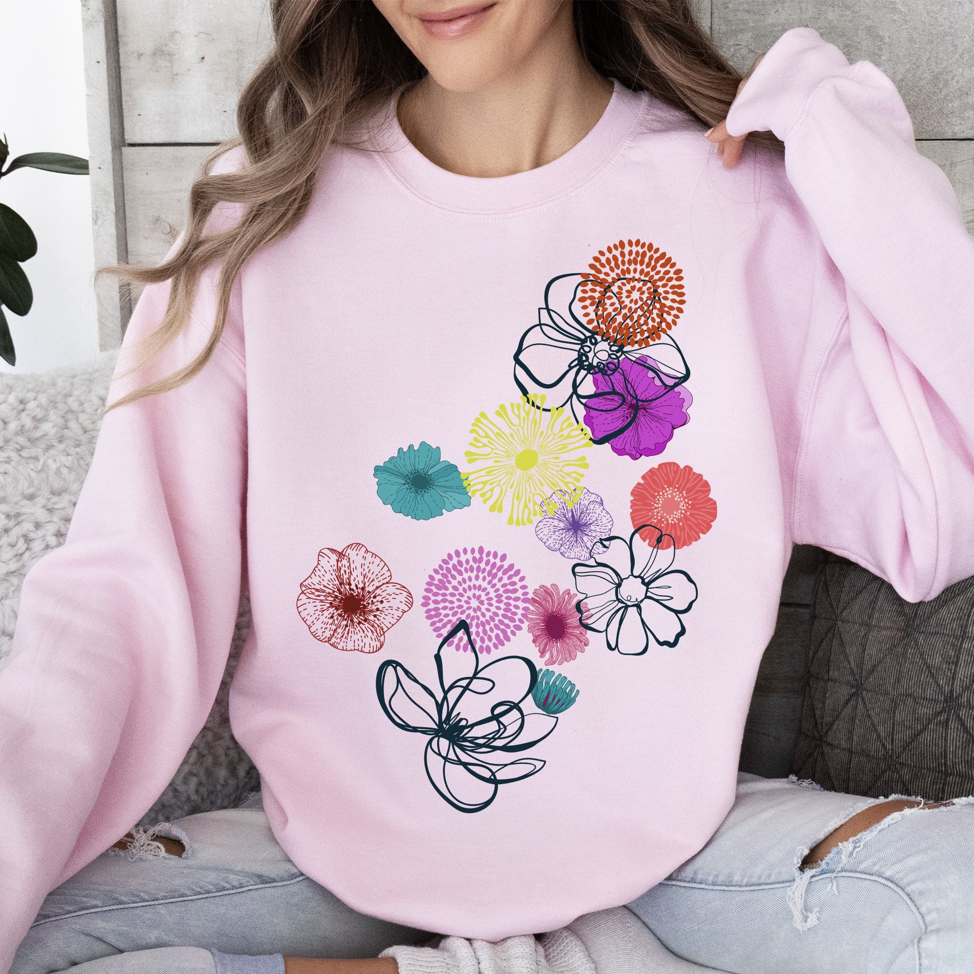 Floral Outlines Leaves Flowers Colorful Botanical Artwork Nature Inspired Cozy Sweatshirt