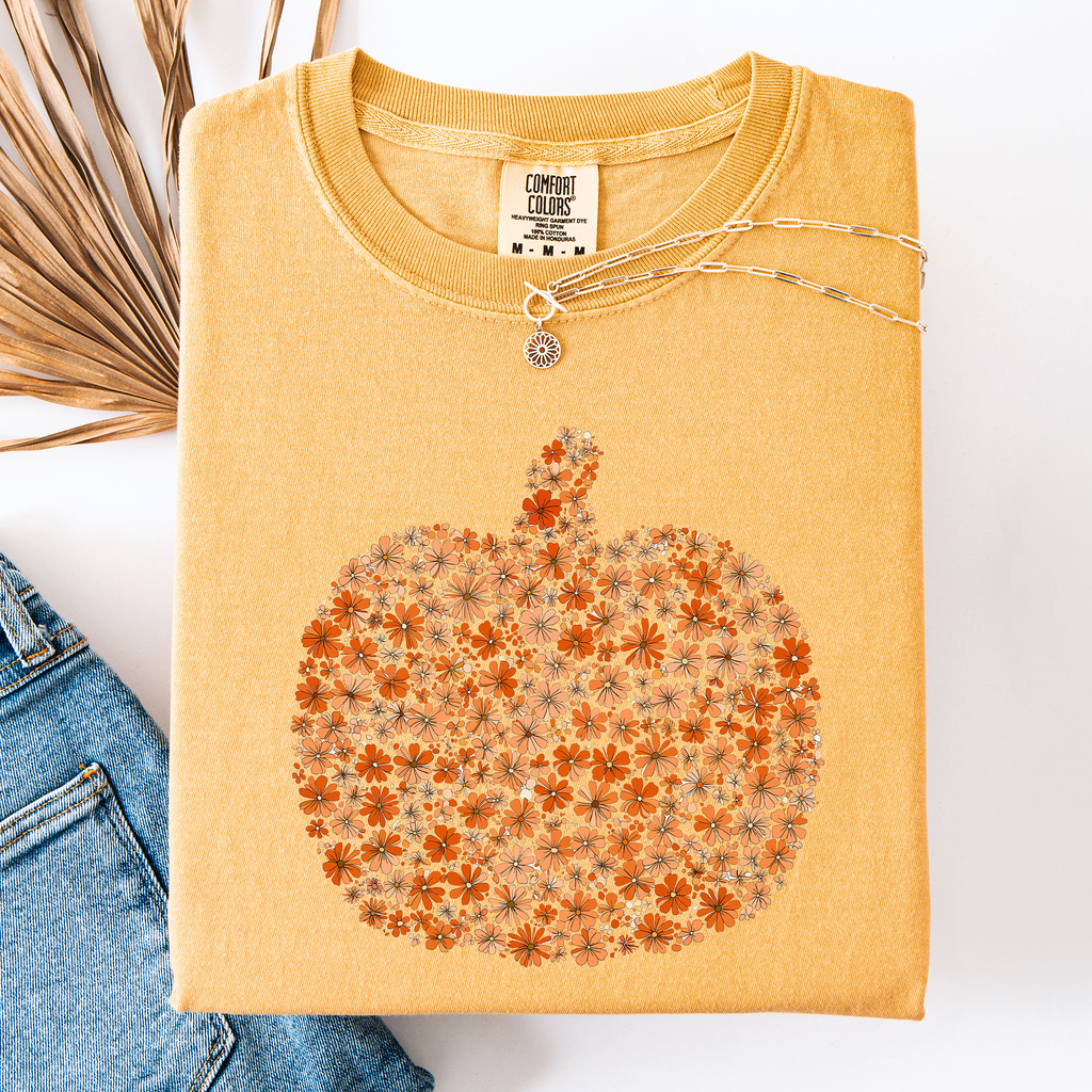 Floral Pumpkin Autumn Flowers Fall Seasonal Botanical Design Art Print Comfort Colors Tee