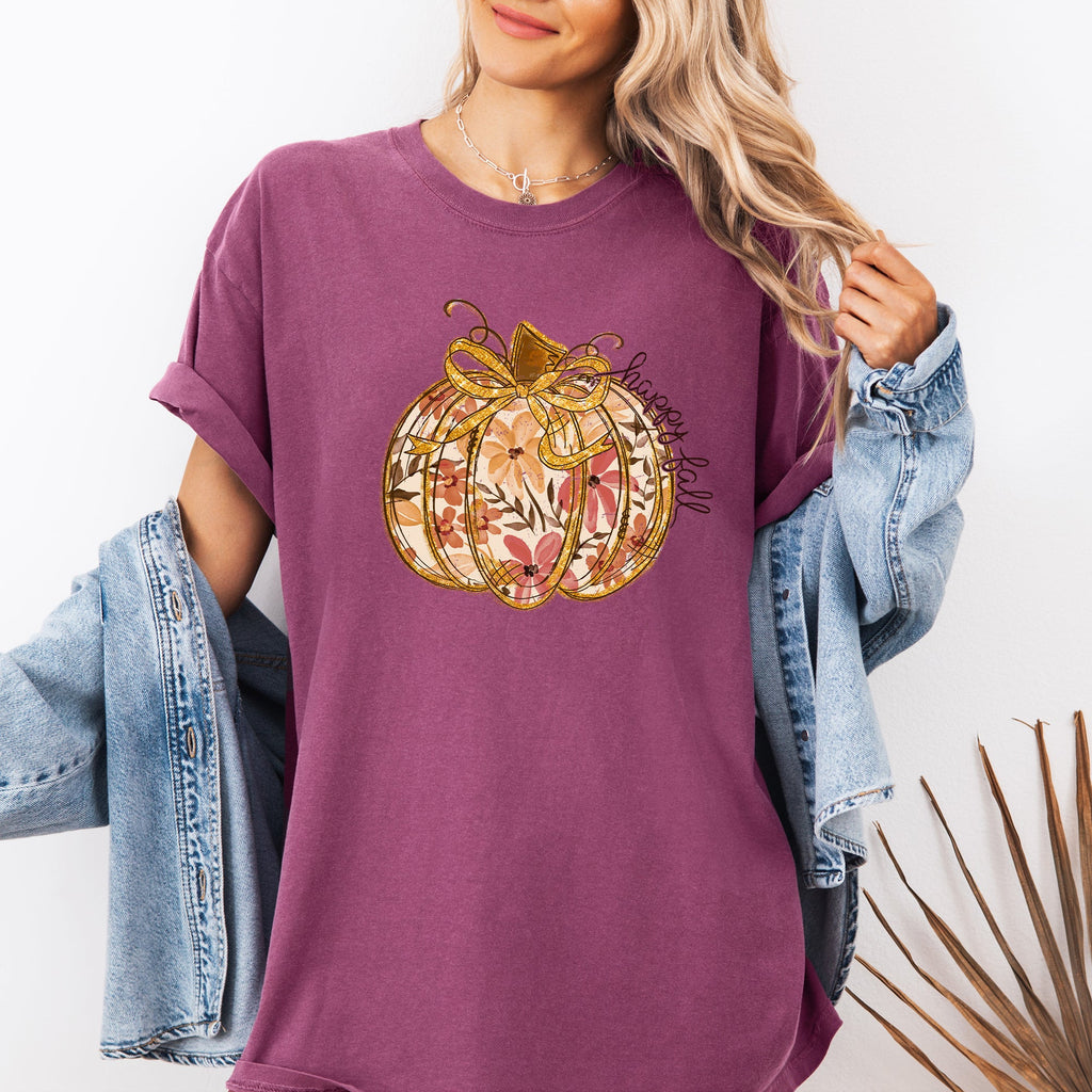 Floral Pumpkin Happy Fall Flowers Autumn Thanksgiving Harvest Seasonal Design Comfort Colors Tee