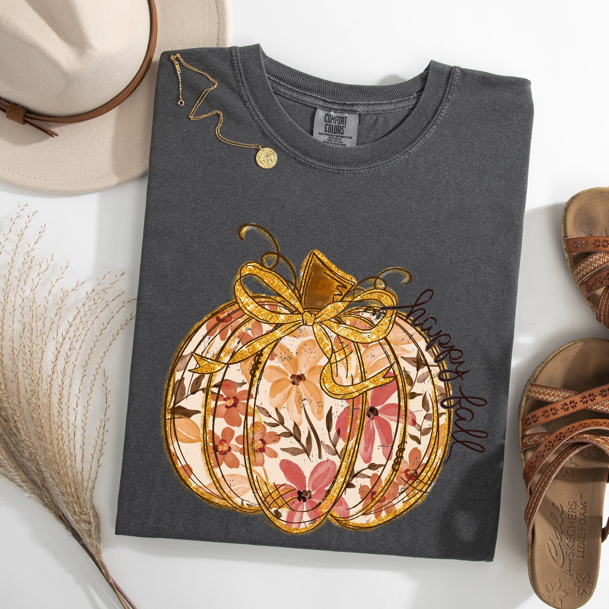 Floral Pumpkin Happy Fall Flowers Autumn Thanksgiving Harvest Seasonal Design Comfort Colors Tee