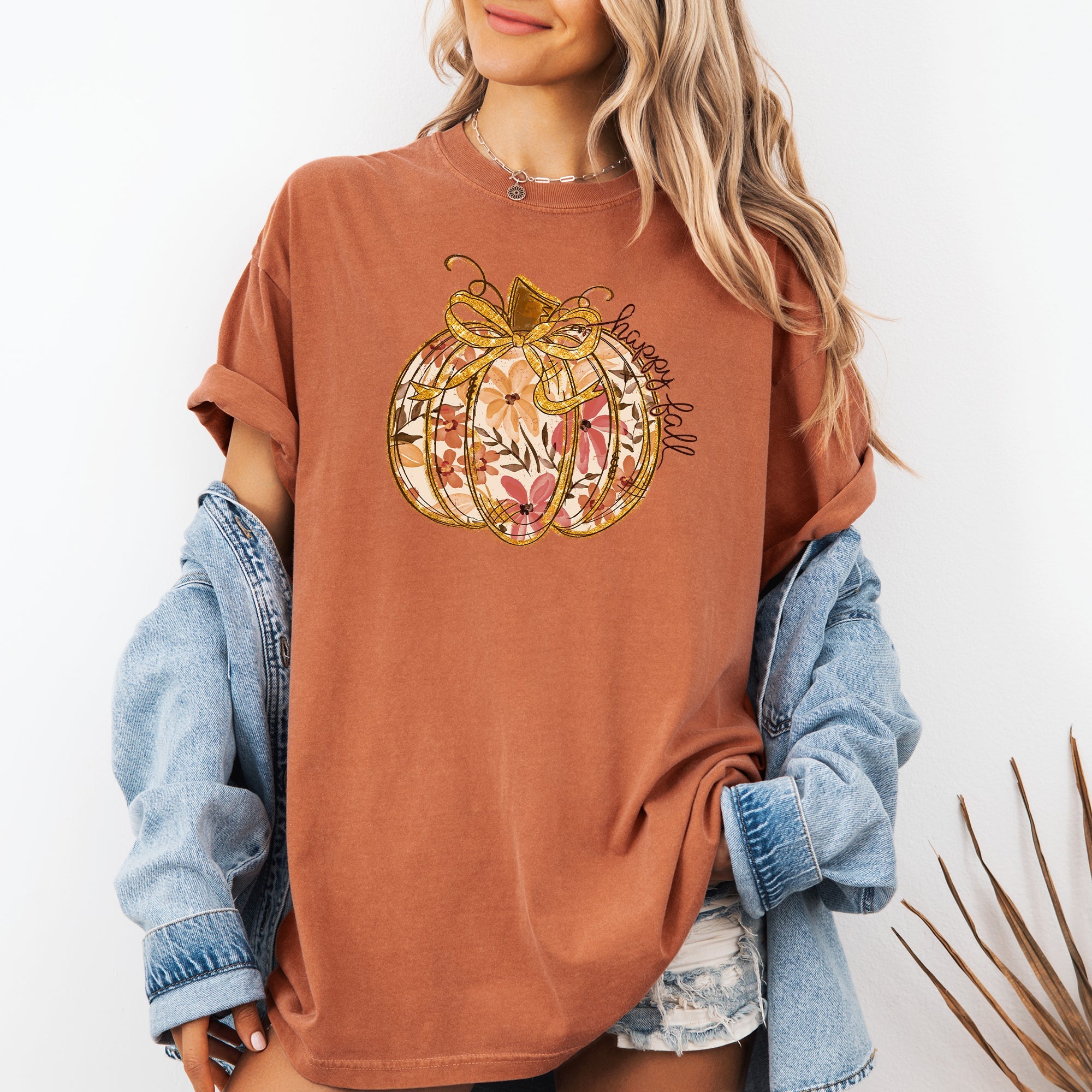 Floral Pumpkin Happy Fall Flowers Autumn Thanksgiving Harvest Seasonal Design Comfort Colors Tee