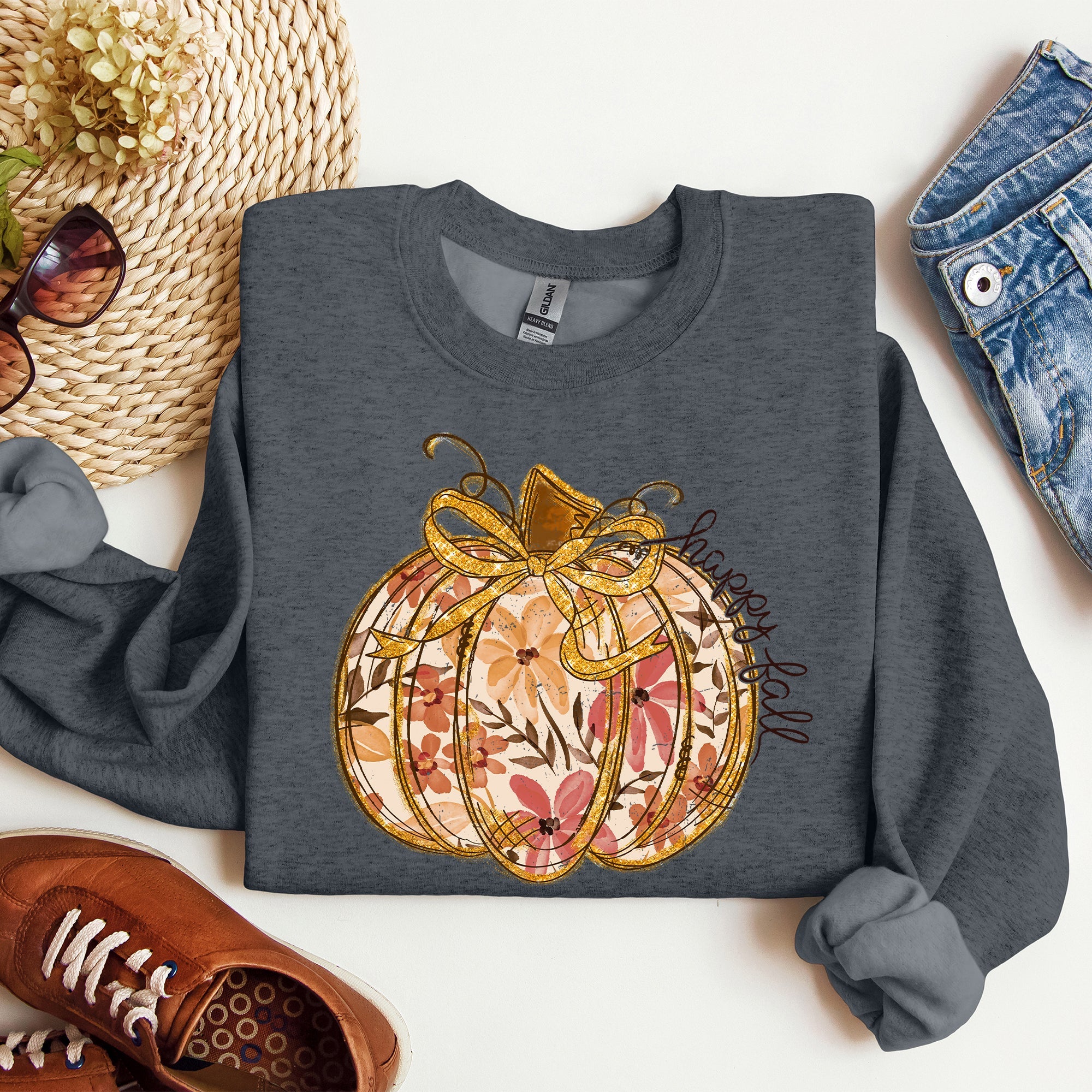 Floral Pumpkin Happy Fall Flowers Autumn Thanksgiving Harvest Graphic Sweatshirt