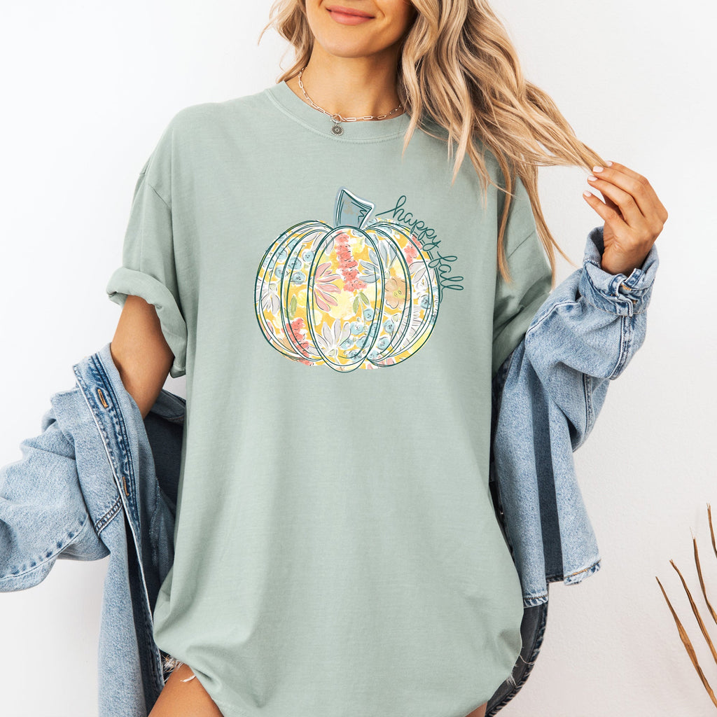 Floral Pumpkin Happy Fall Pastels Flowers Autumn Thanksgiving Comfort Colors Tee
