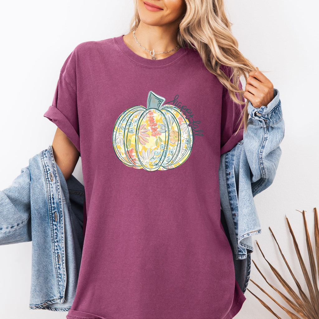 Floral Pumpkin Happy Fall Pastels Flowers Autumn Thanksgiving Comfort Colors Tee