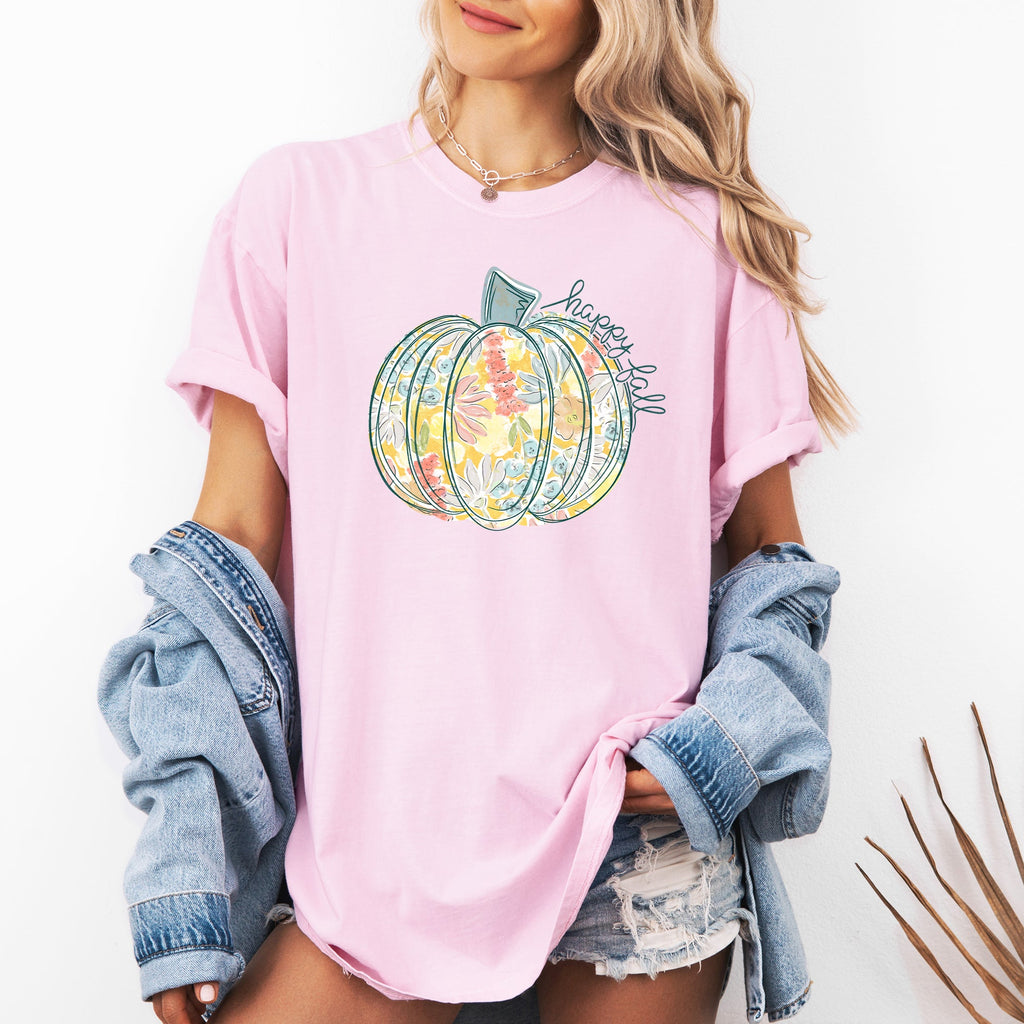 Floral Pumpkin Happy Fall Pastels Flowers Autumn Thanksgiving Comfort Colors Tee